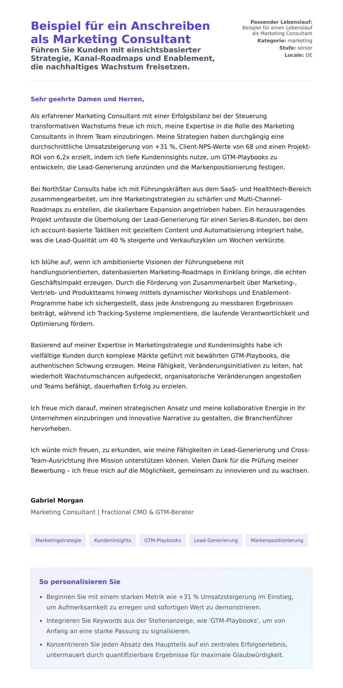 Anschreiben‑Vorschau für Beispiel für ein Anschreiben als Marketing Consultant