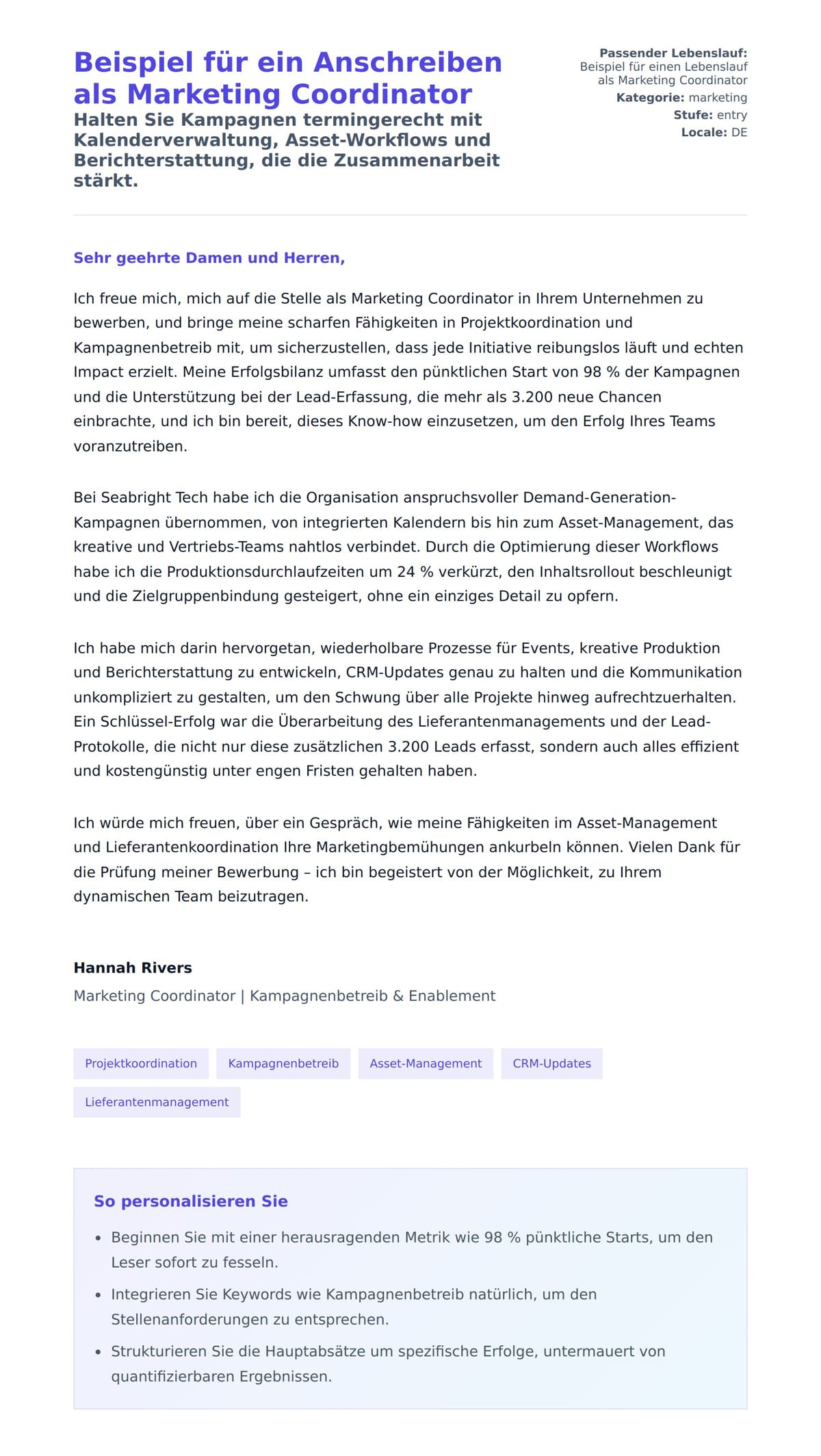 Anschreiben‑Vorschau für Beispiel für ein Anschreiben als Marketing Coordinator