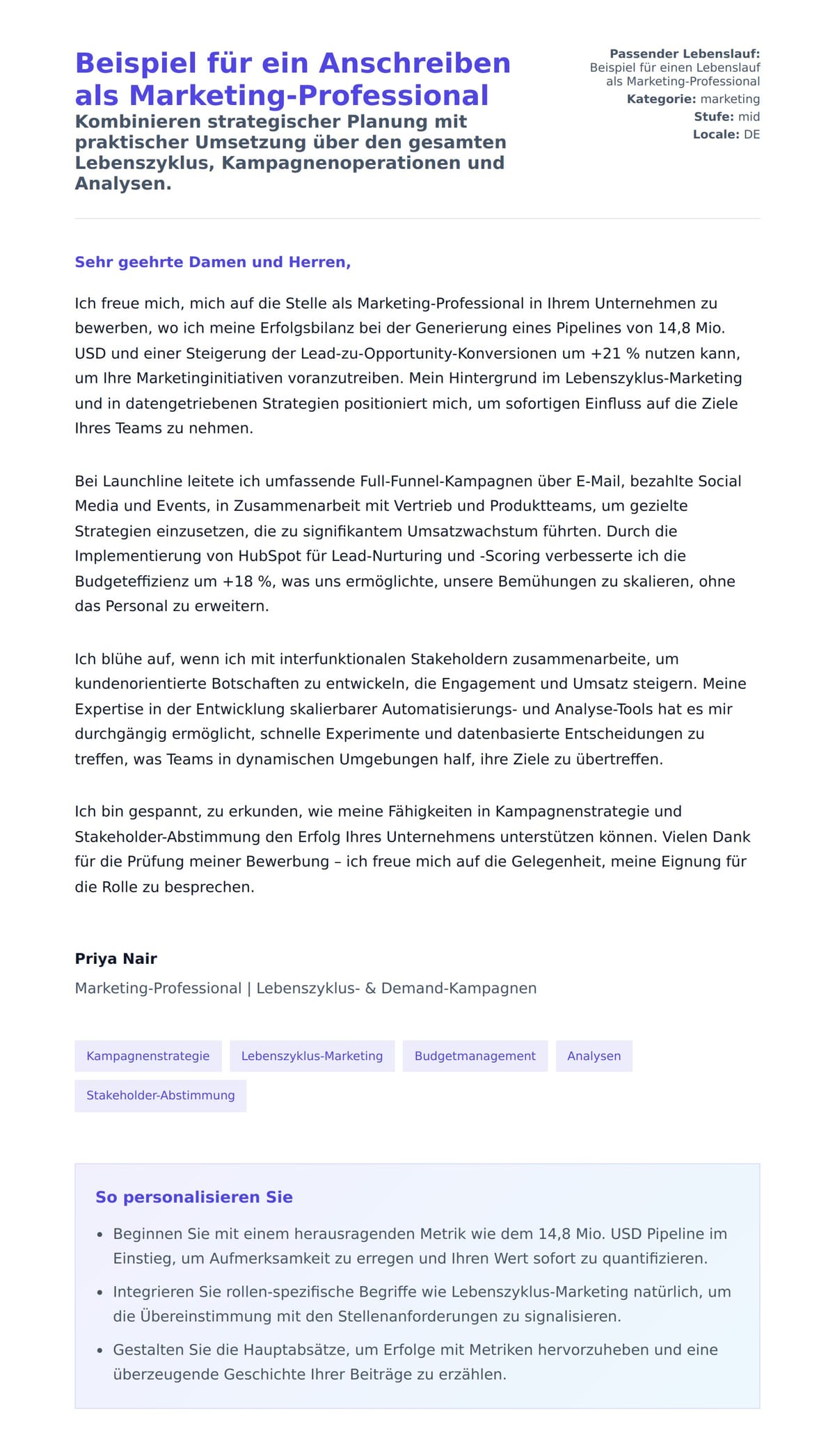 Anschreiben‑Vorschau für Beispiel für ein Anschreiben als Marketing-Professional