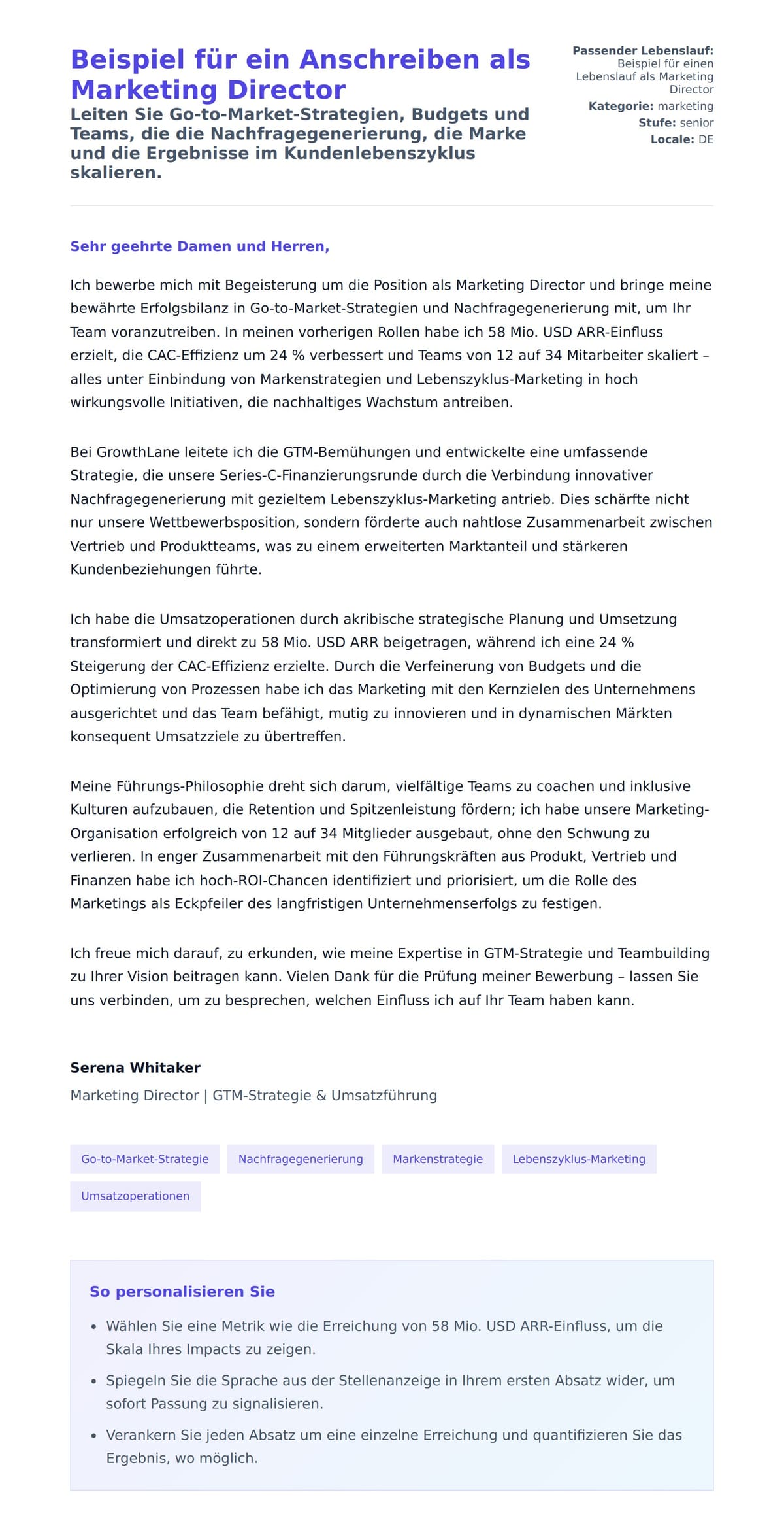 Anschreiben‑Vorschau für Beispiel für ein Anschreiben als Marketing Director