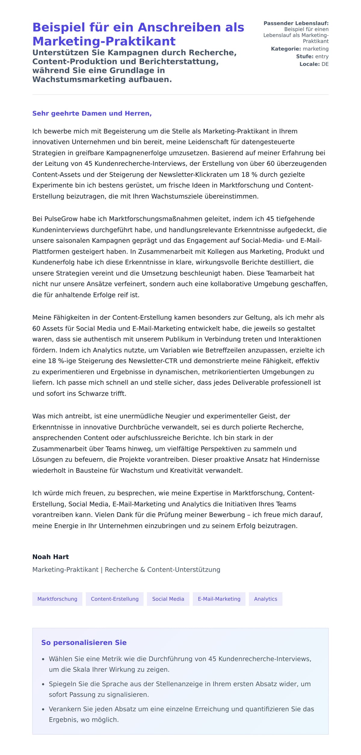 Anschreiben‑Vorschau für Beispiel für ein Anschreiben als Marketing-Praktikant