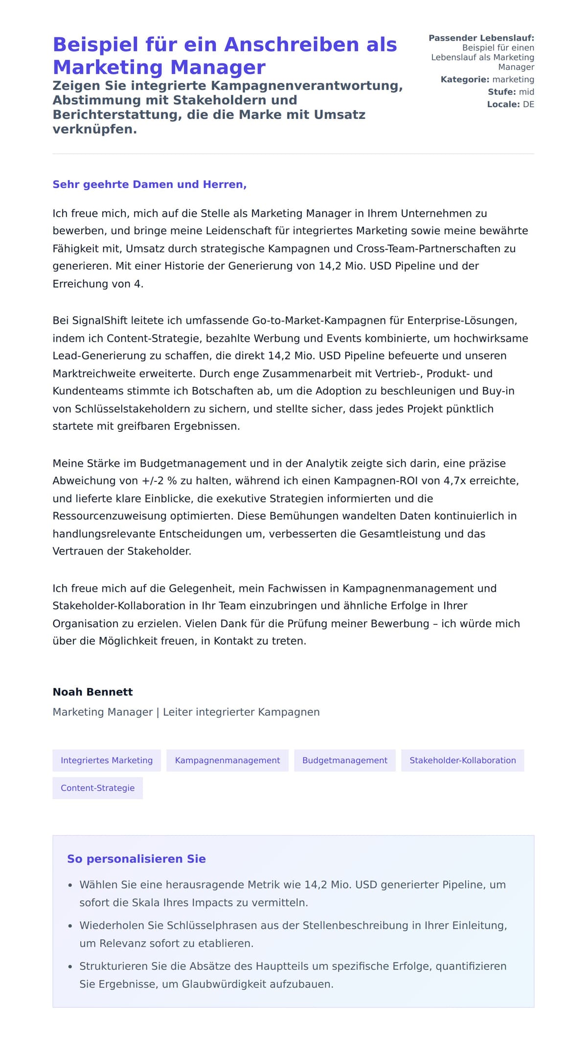 Anschreiben‑Vorschau für Beispiel für ein Anschreiben als Marketing Manager
