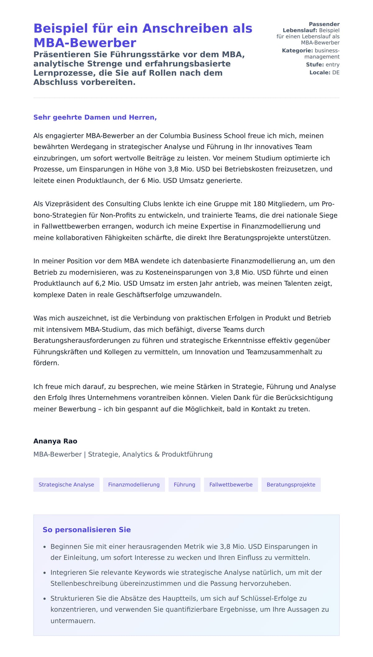 Anschreiben‑Vorschau für Beispiel für ein Anschreiben als MBA-Bewerber
