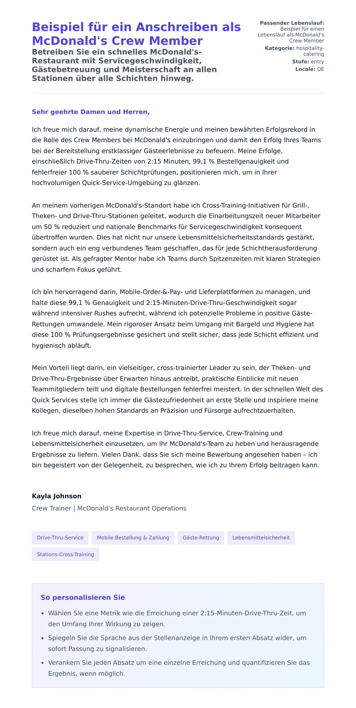 Anschreiben‑Vorschau für Beispiel für ein Anschreiben als McDonald's Crew Member