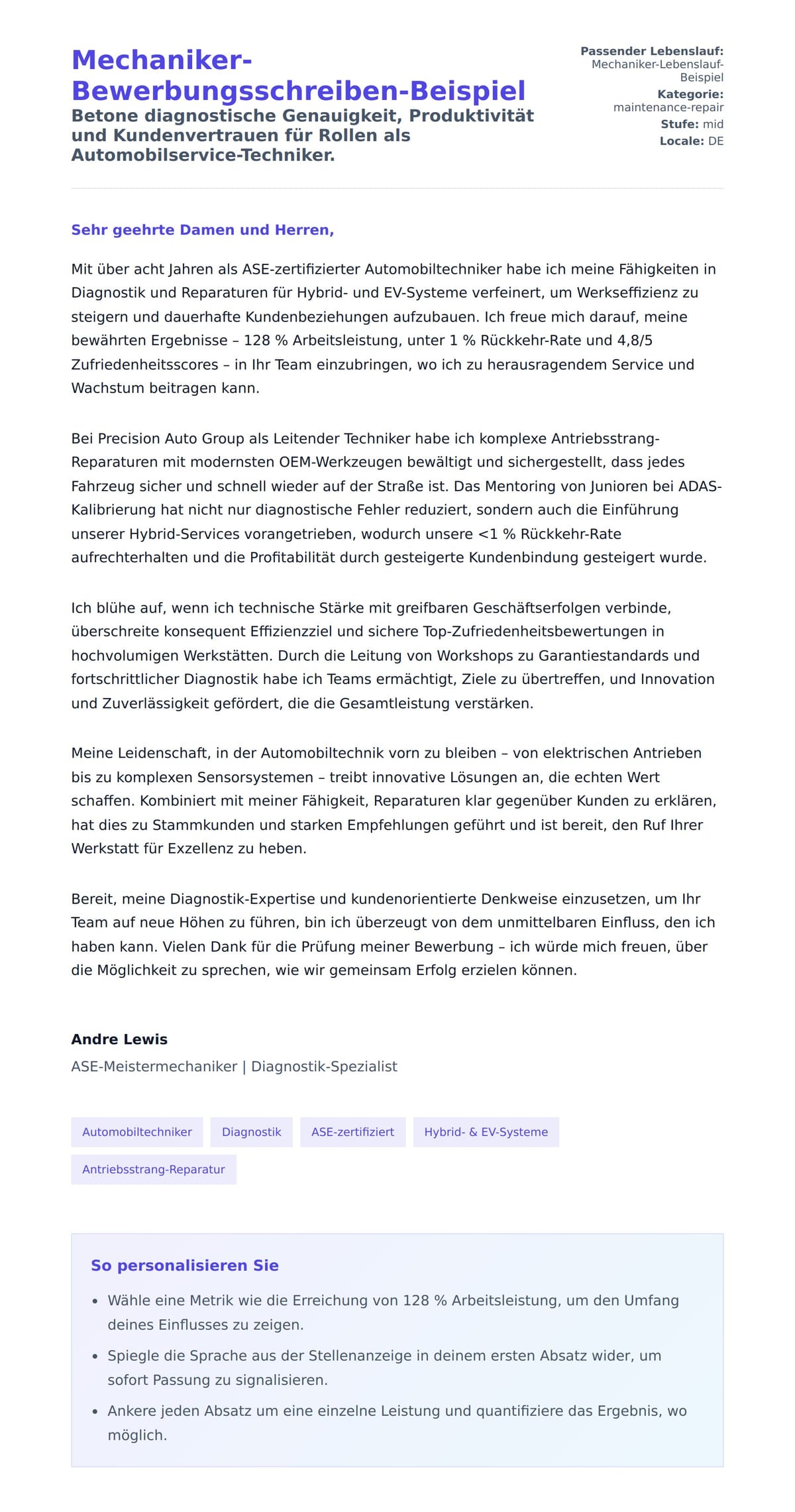 Anschreiben‑Vorschau für Mechaniker-Bewerbungsschreiben-Beispiel