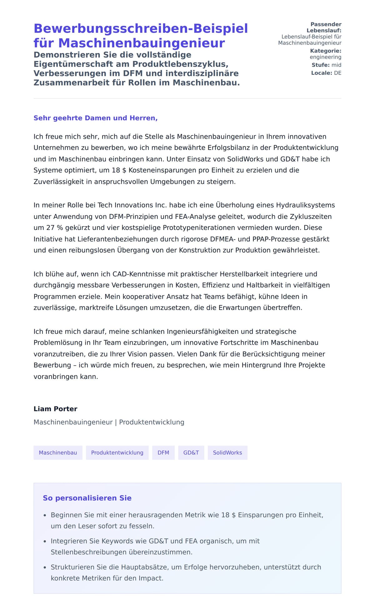 Anschreiben‑Vorschau für Bewerbungsschreiben-Beispiel für Maschinenbauingenieur