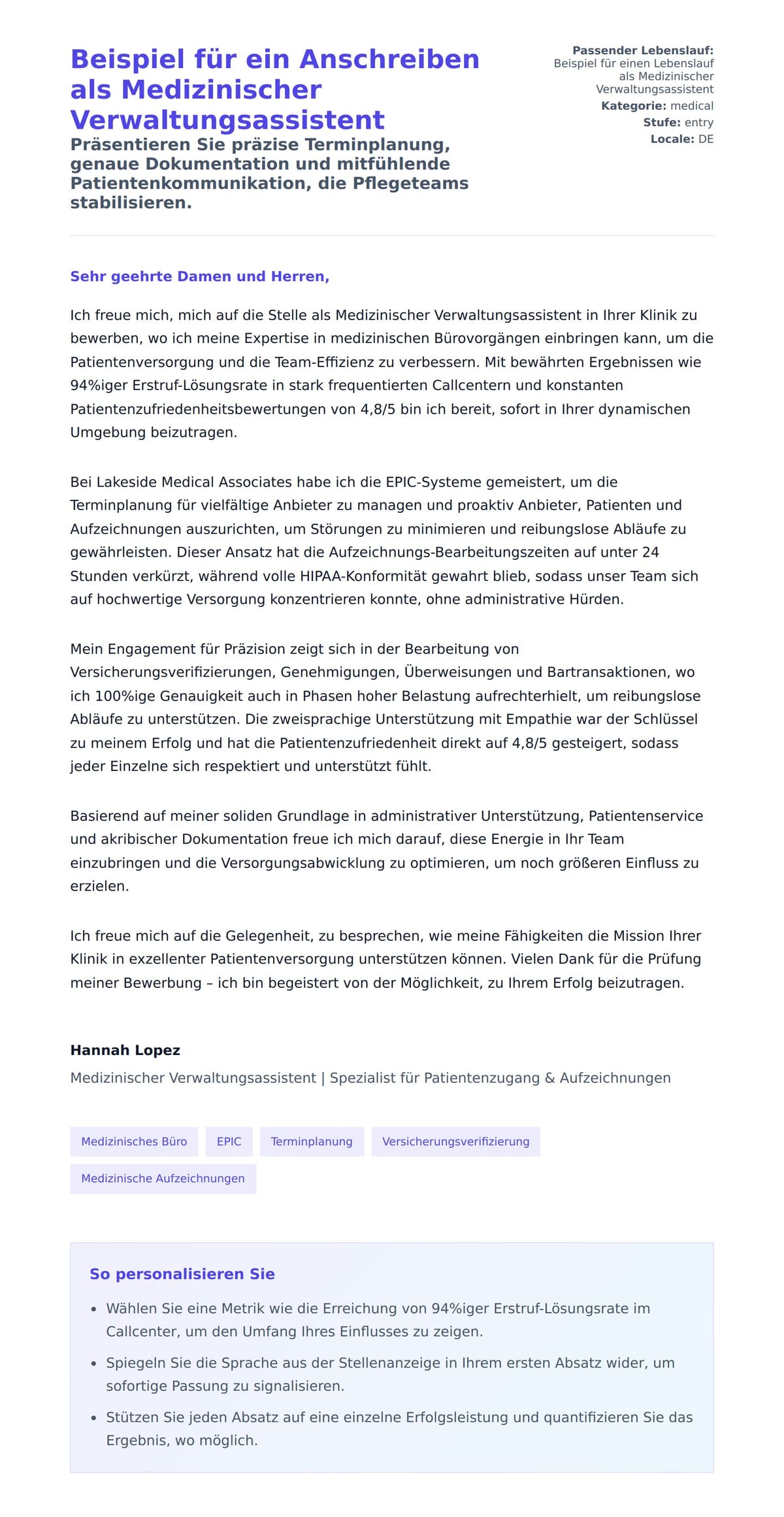 Anschreiben‑Vorschau für Beispiel für ein Anschreiben als Medizinischer Verwaltungsassistent