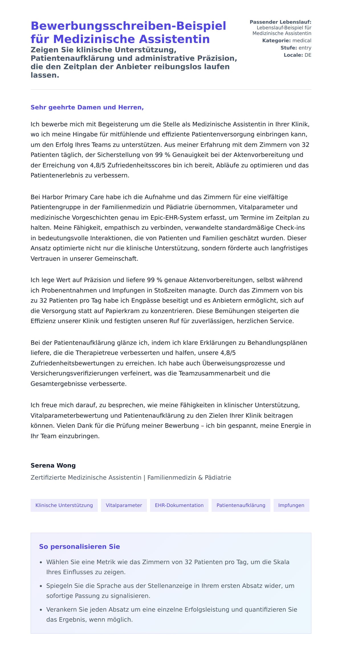 Anschreiben‑Vorschau für Bewerbungsschreiben-Beispiel für Medizinische Assistentin