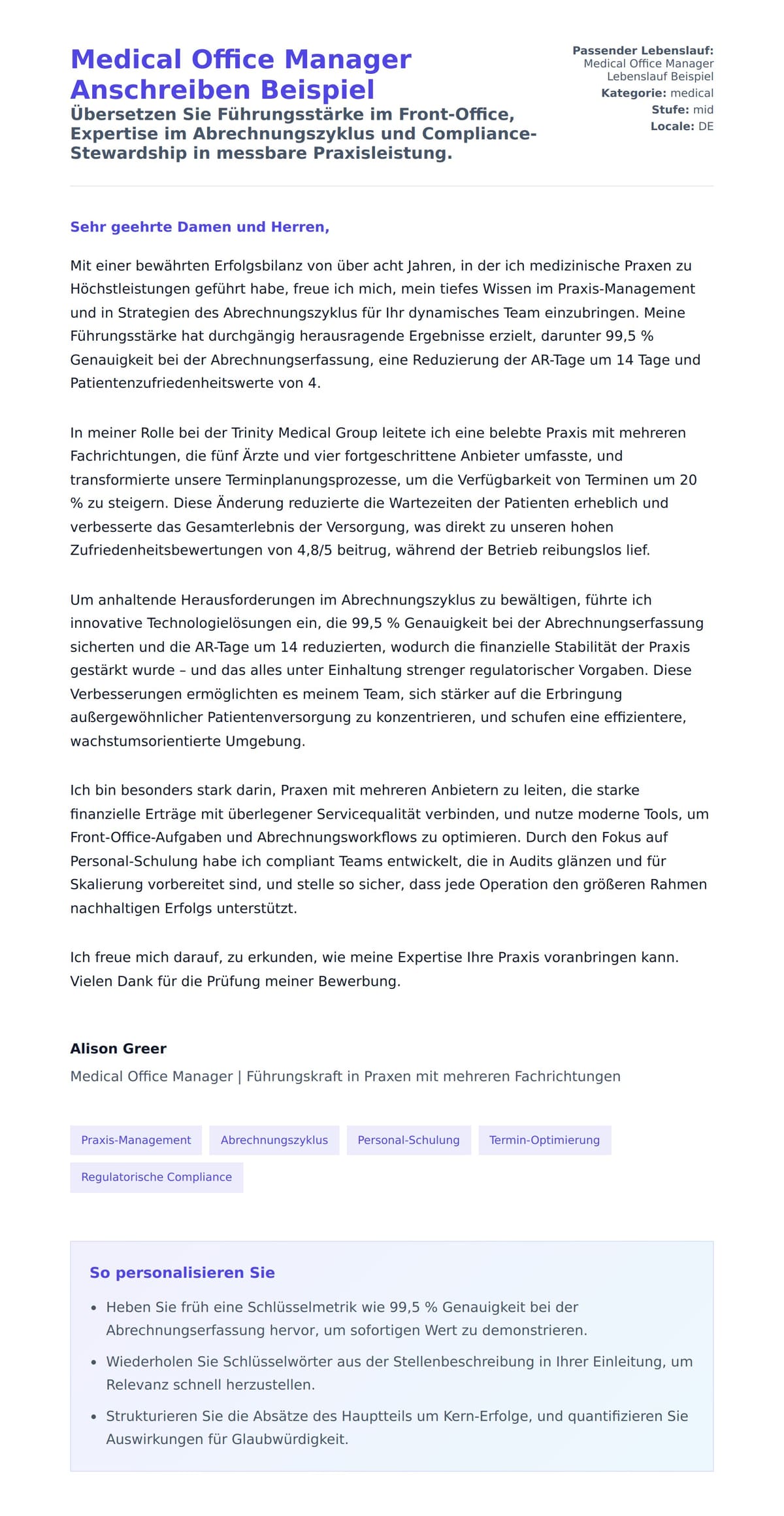 Anschreiben‑Vorschau für Medical Office Manager Anschreiben Beispiel