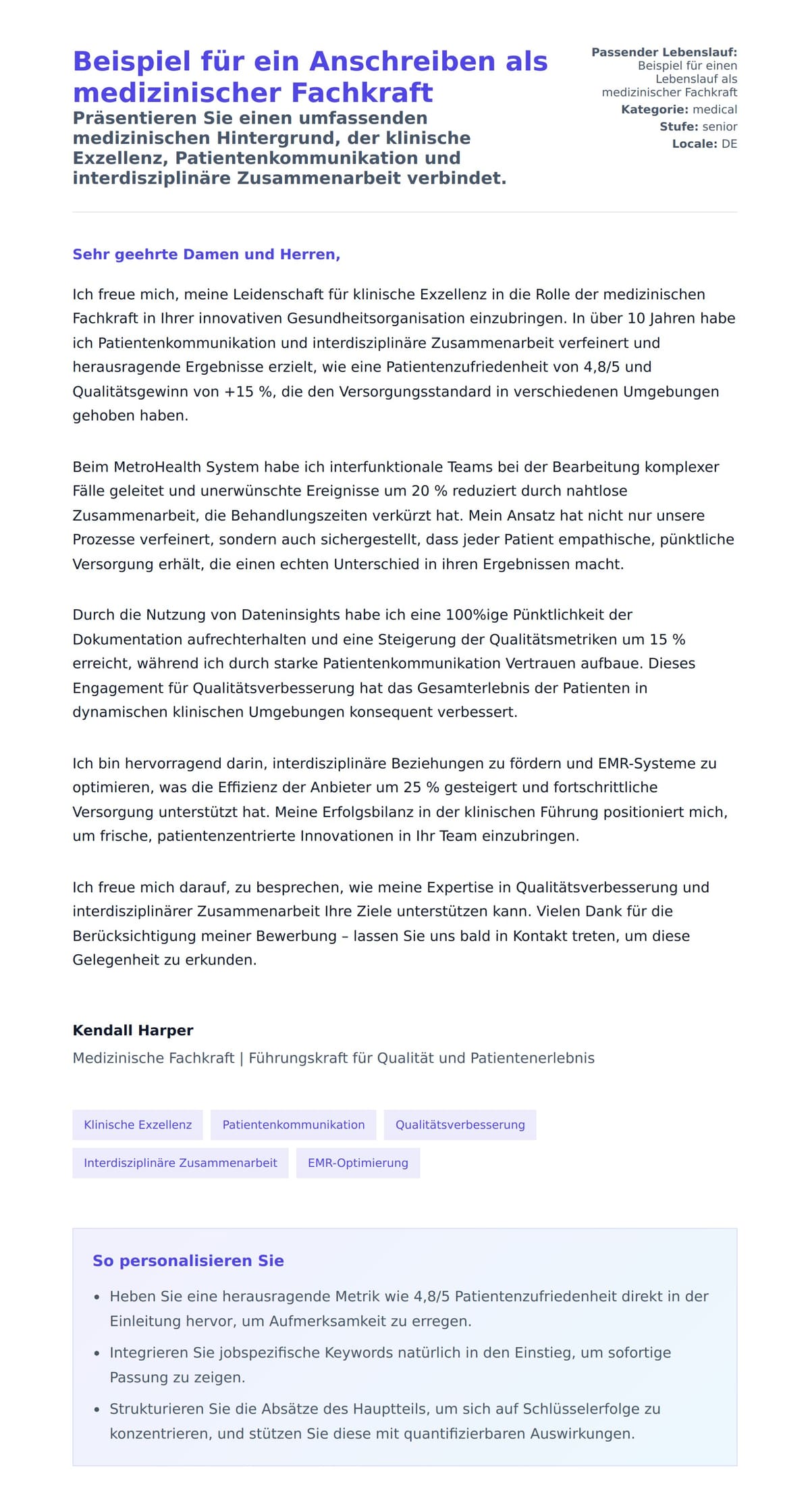 Anschreiben‑Vorschau für Beispiel für ein Anschreiben als medizinischer Fachkraft