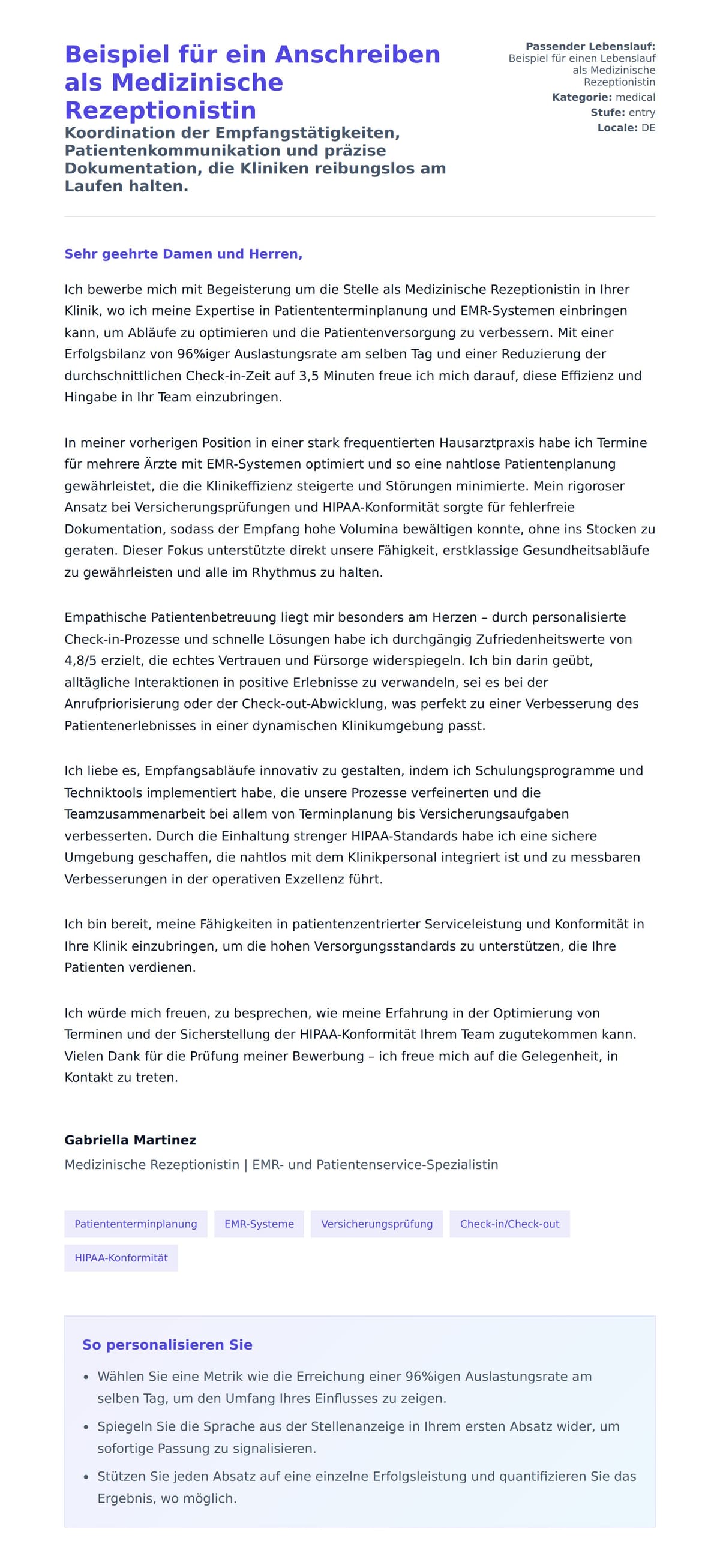 Anschreiben‑Vorschau für Beispiel für ein Anschreiben als Medizinische Rezeptionistin