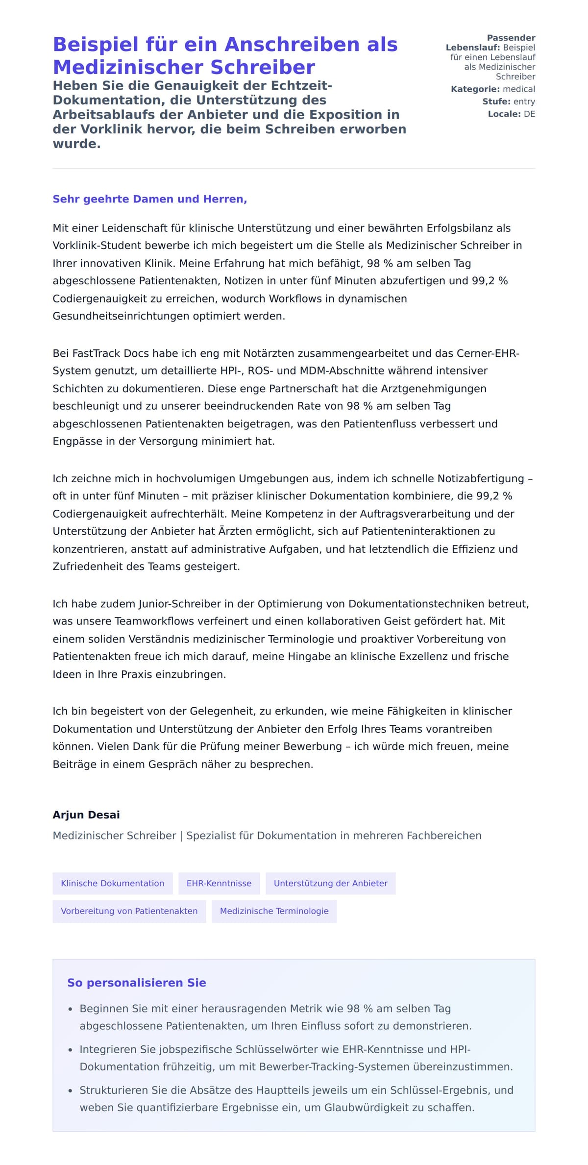 Anschreiben‑Vorschau für Beispiel für ein Anschreiben als Medizinischer Schreiber