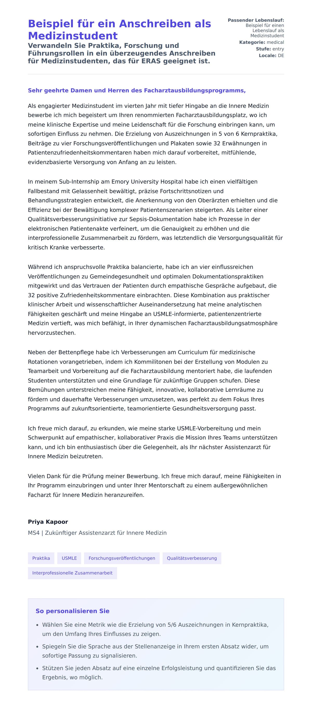 Anschreiben‑Vorschau für Beispiel für ein Anschreiben als Medizinstudent