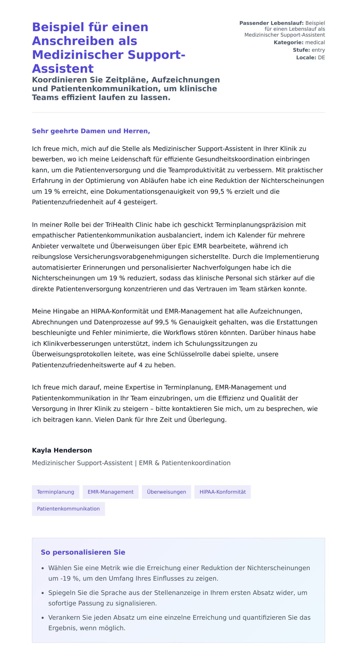 Anschreiben‑Vorschau für Beispiel für einen Anschreiben als Medizinischer Support-Assistent
