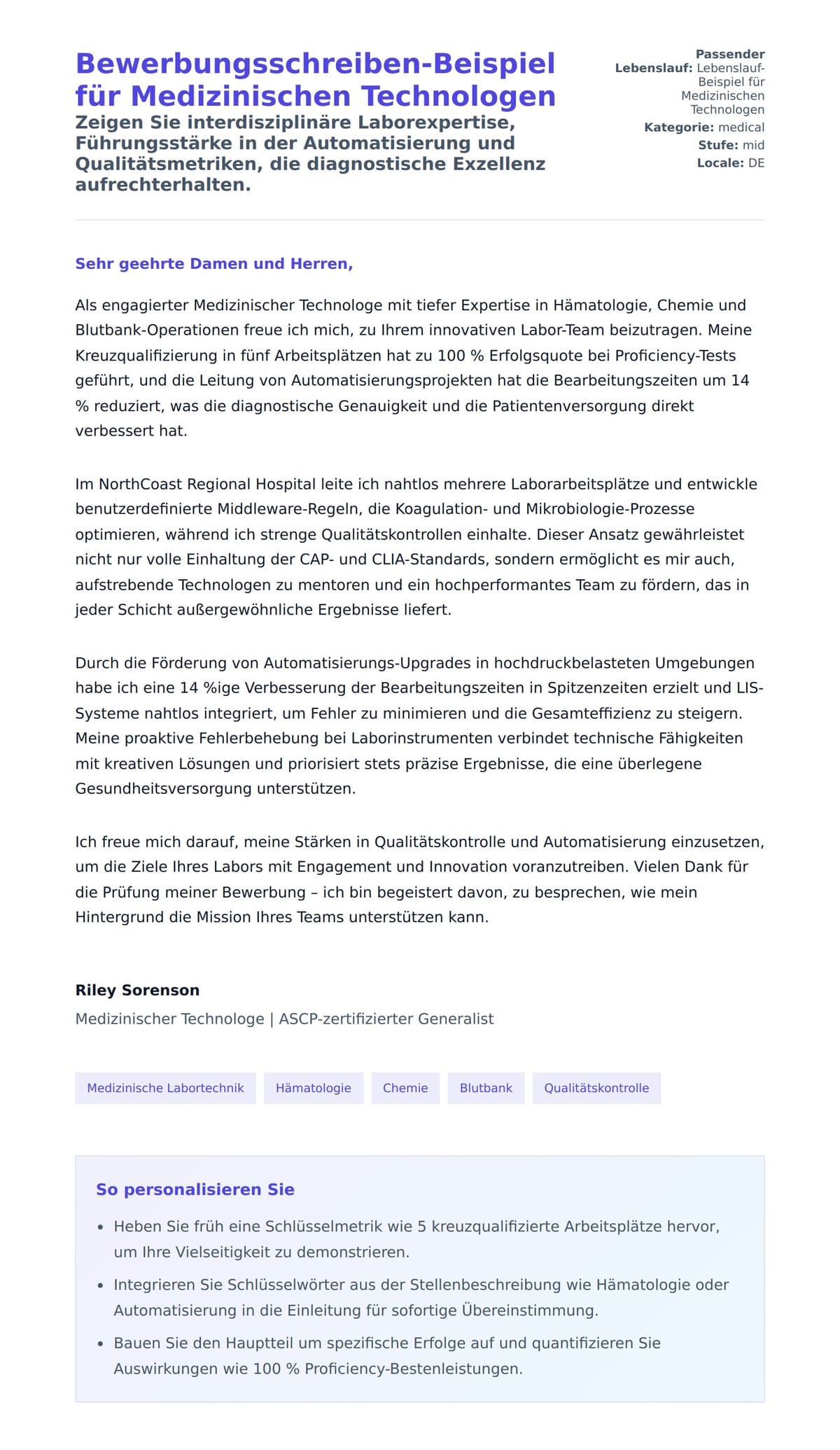 Anschreiben‑Vorschau für Bewerbungsschreiben-Beispiel für Medizinischen Technologen