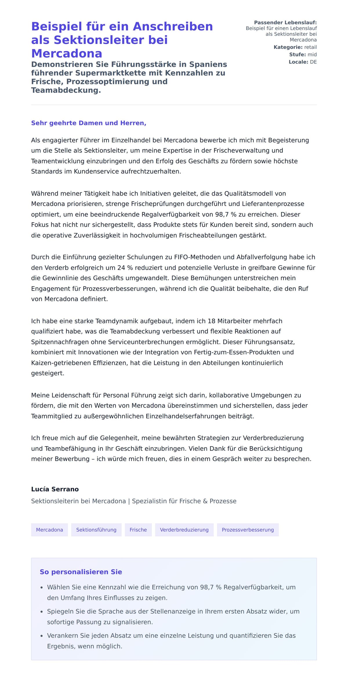Anschreiben‑Vorschau für Beispiel für ein Anschreiben als Sektionsleiter bei Mercadona