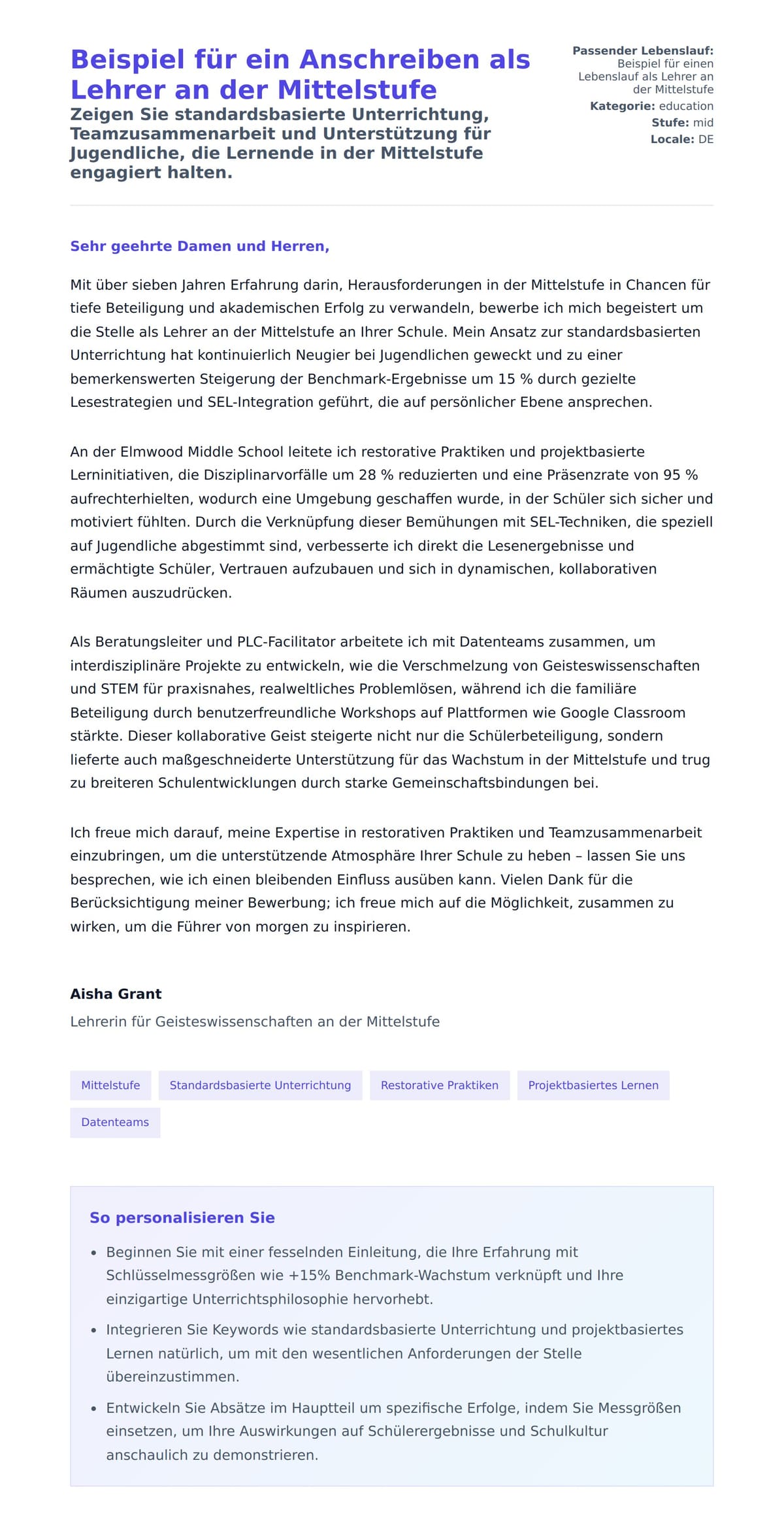 Anschreiben‑Vorschau für Beispiel für ein Anschreiben als Lehrer an der Mittelstufe