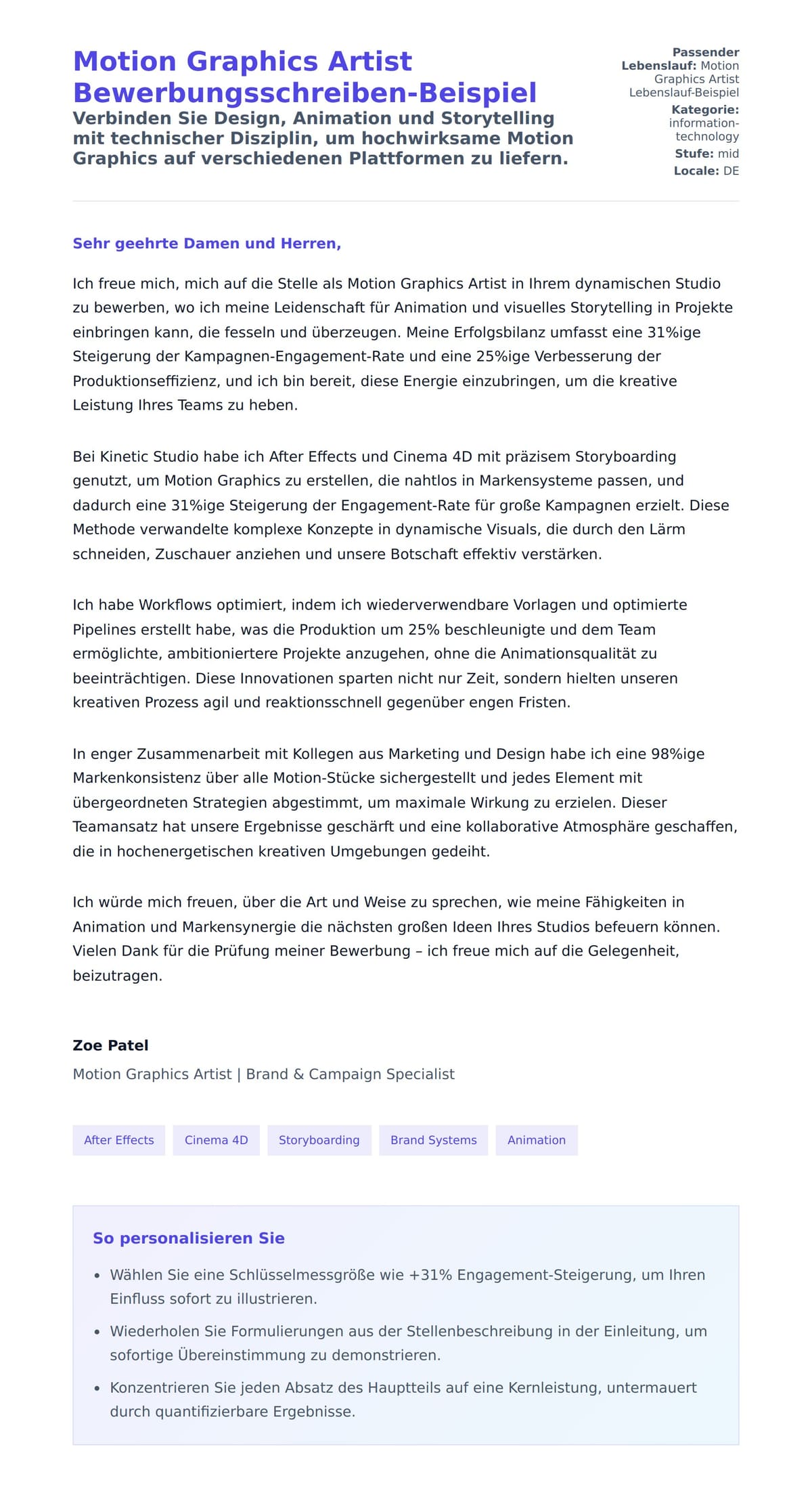 Anschreiben‑Vorschau für Motion Graphics Artist Bewerbungsschreiben-Beispiel