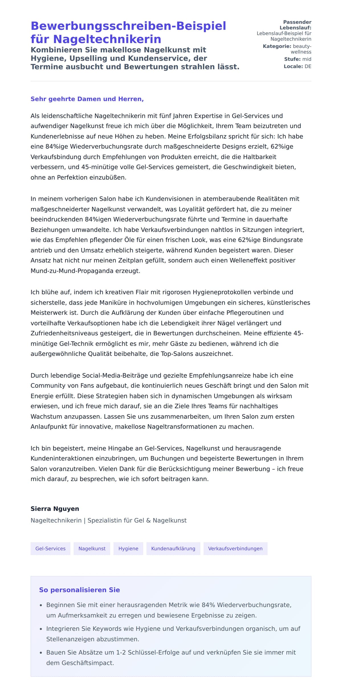 Anschreiben‑Vorschau für Bewerbungsschreiben-Beispiel für Nageltechnikerin