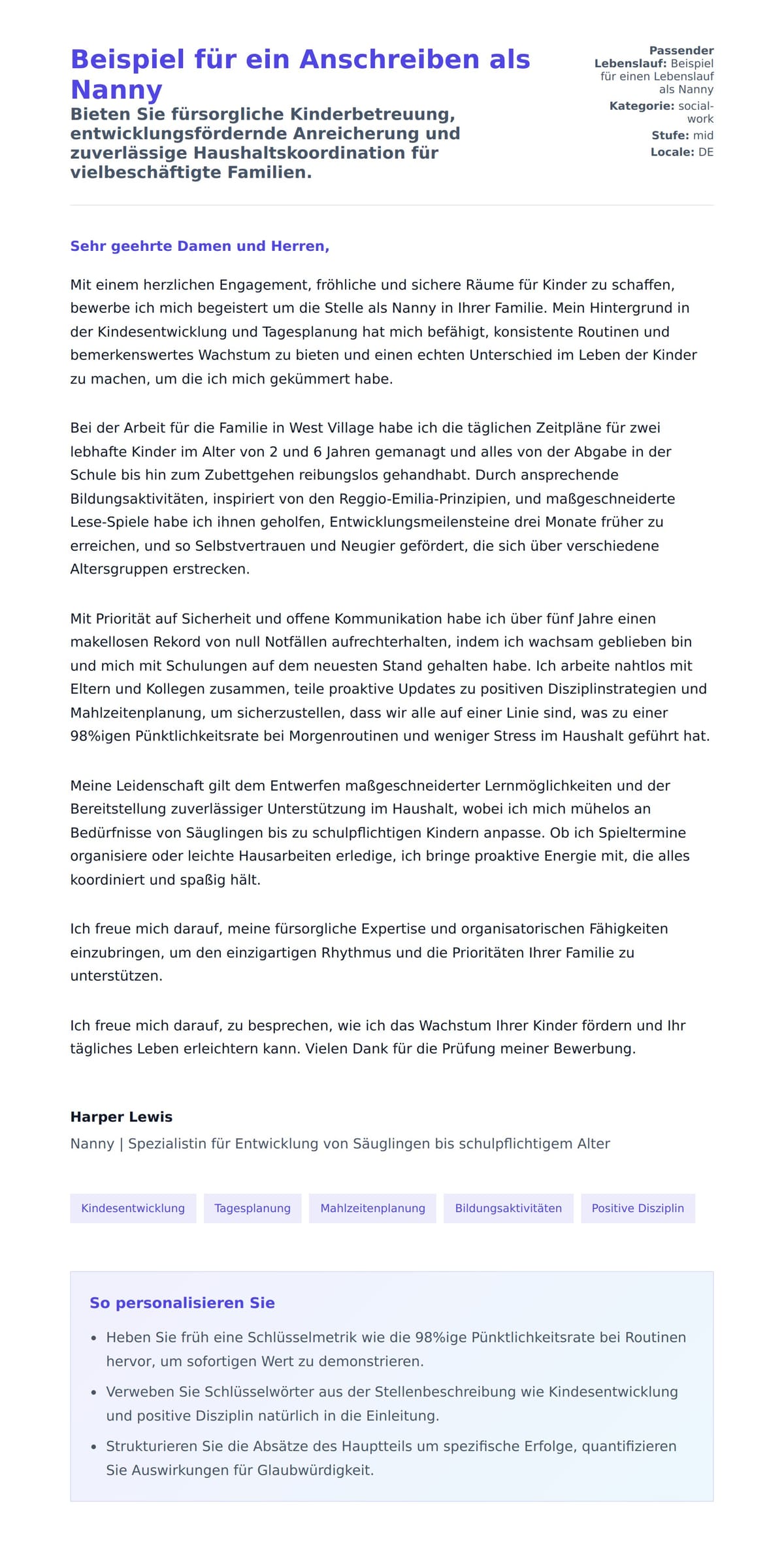 Anschreiben‑Vorschau für Beispiel für ein Anschreiben als Nanny