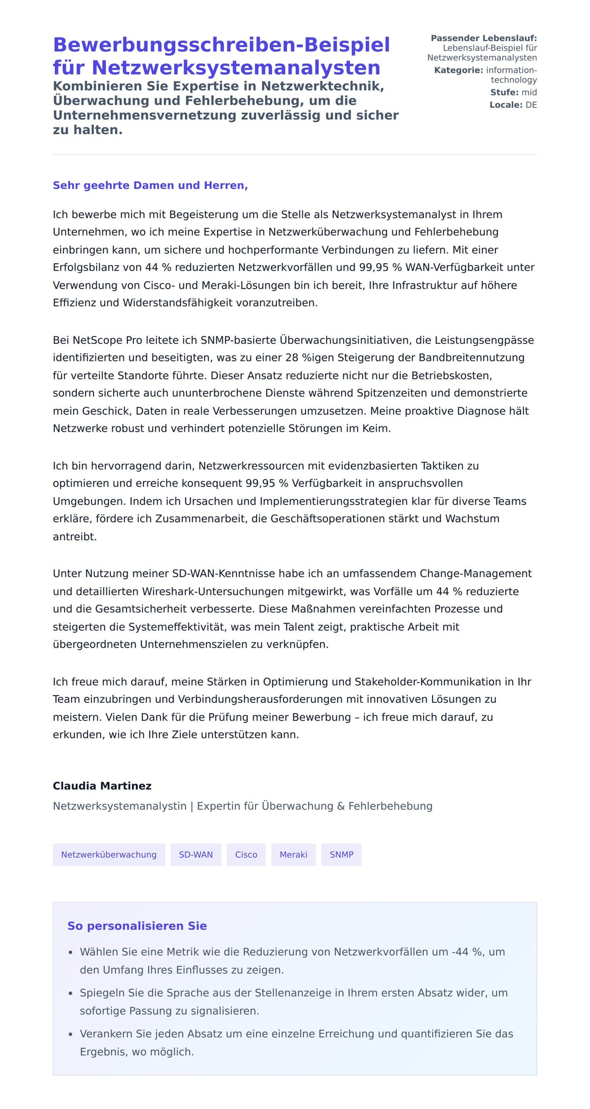 Anschreiben‑Vorschau für Bewerbungsschreiben-Beispiel für Netzwerksystemanalysten