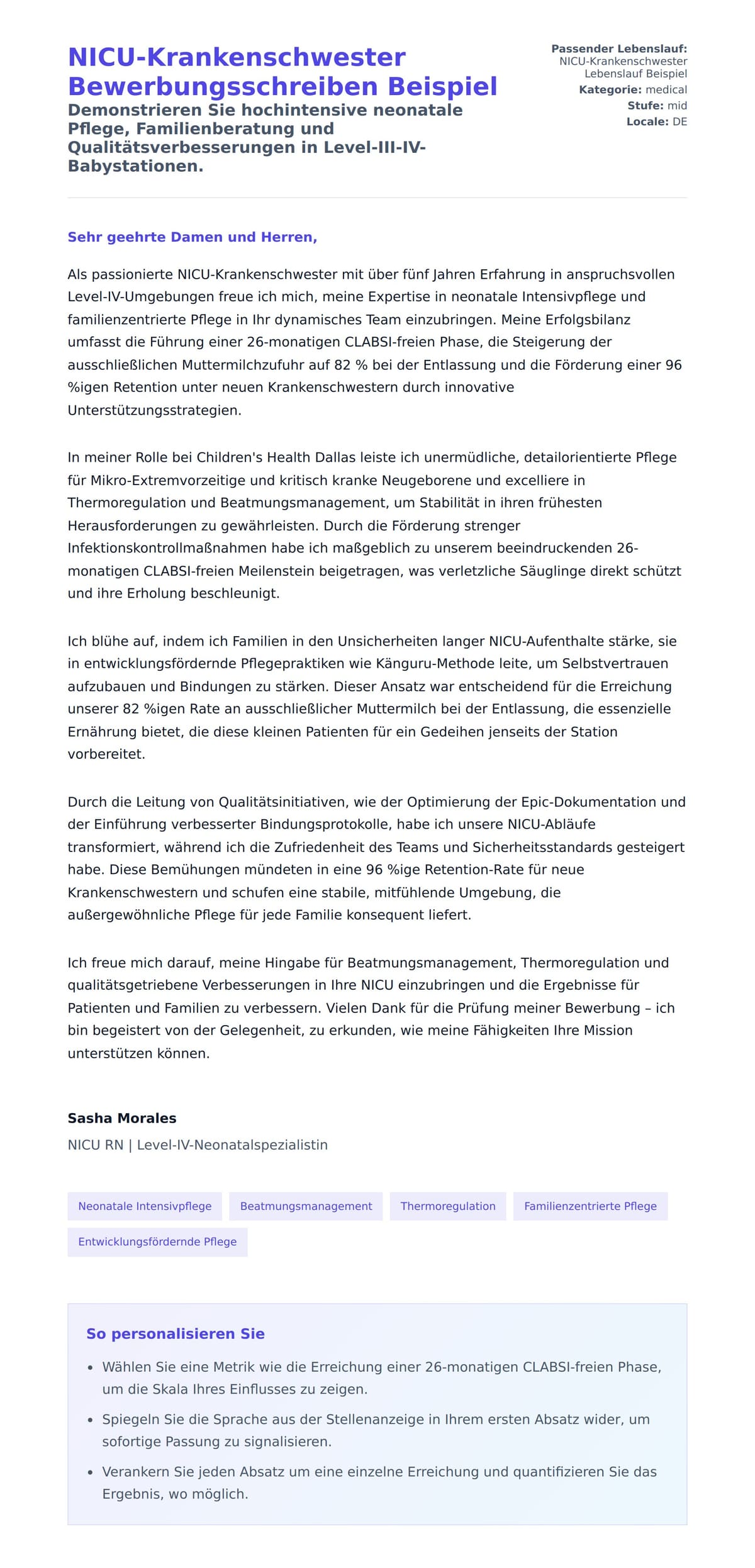 Anschreiben‑Vorschau für NICU-Krankenschwester Bewerbungsschreiben Beispiel