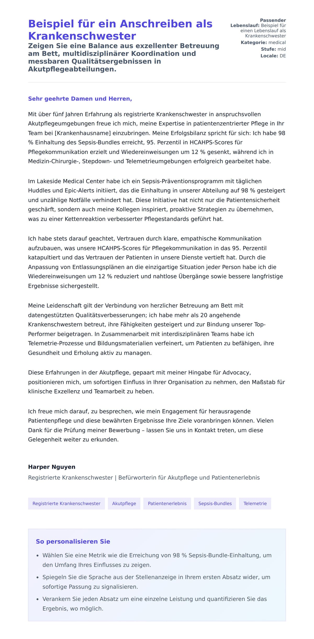 Anschreiben‑Vorschau für Beispiel für ein Anschreiben als Krankenschwester