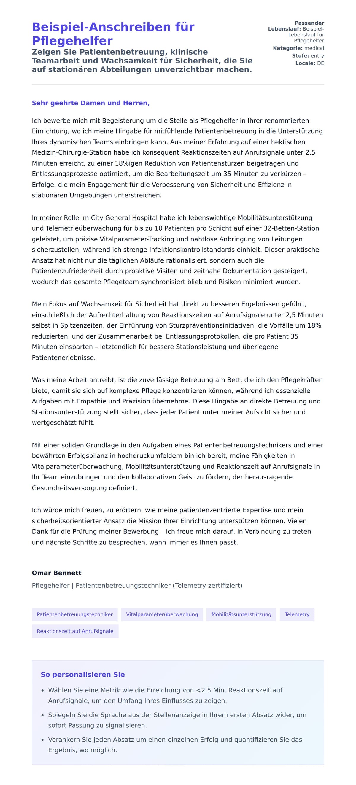 Anschreiben‑Vorschau für Beispiel-Anschreiben für Pflegehelfer