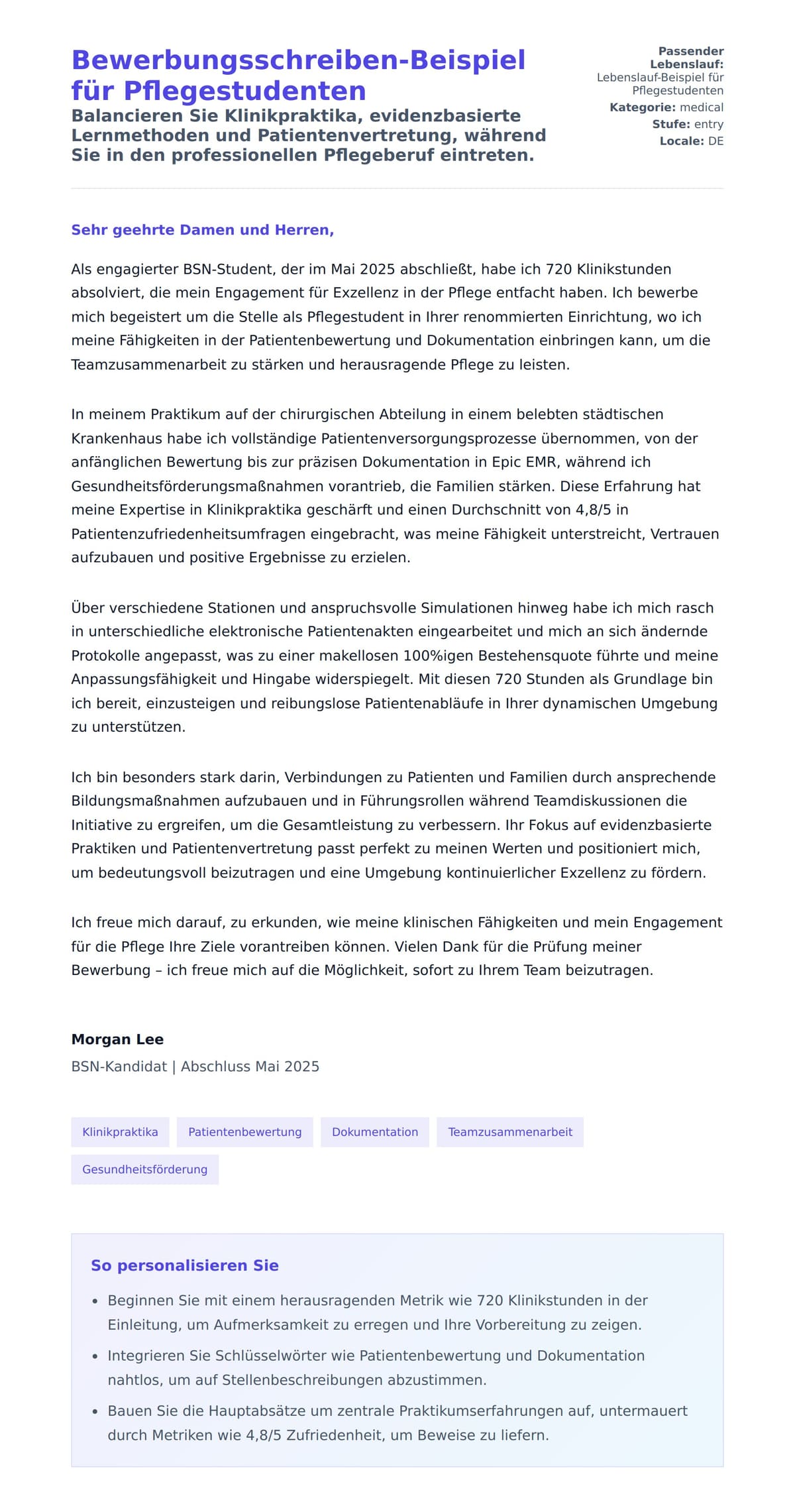 Anschreiben‑Vorschau für Bewerbungsschreiben-Beispiel für Pflegestudenten