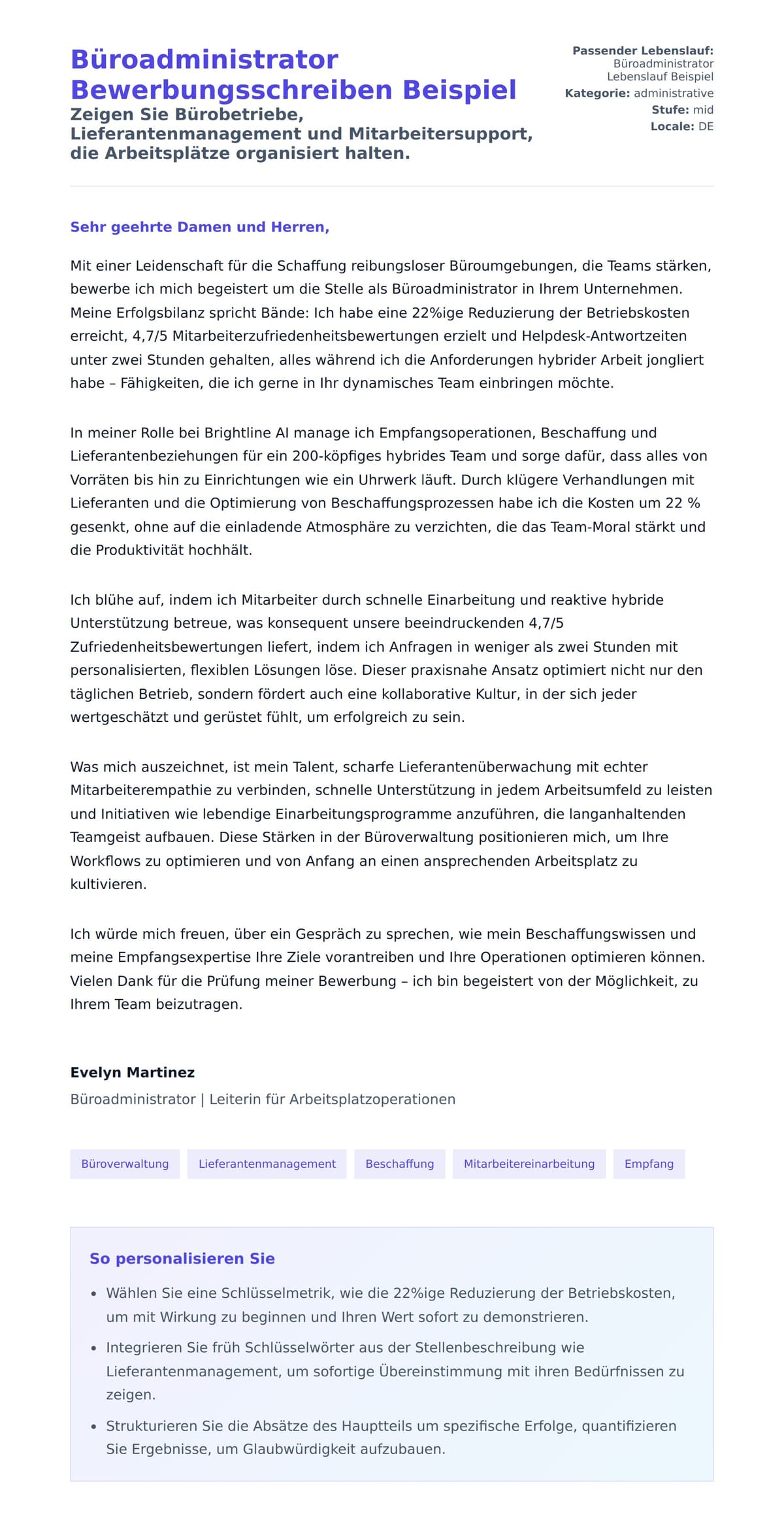 Anschreiben‑Vorschau für Büroadministrator Bewerbungsschreiben Beispiel