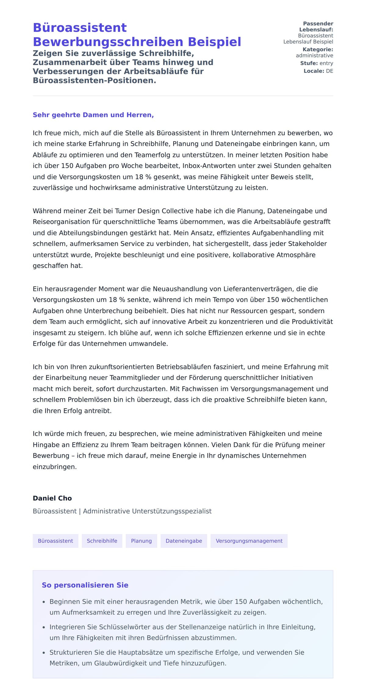 Anschreiben‑Vorschau für Büroassistent Bewerbungsschreiben Beispiel