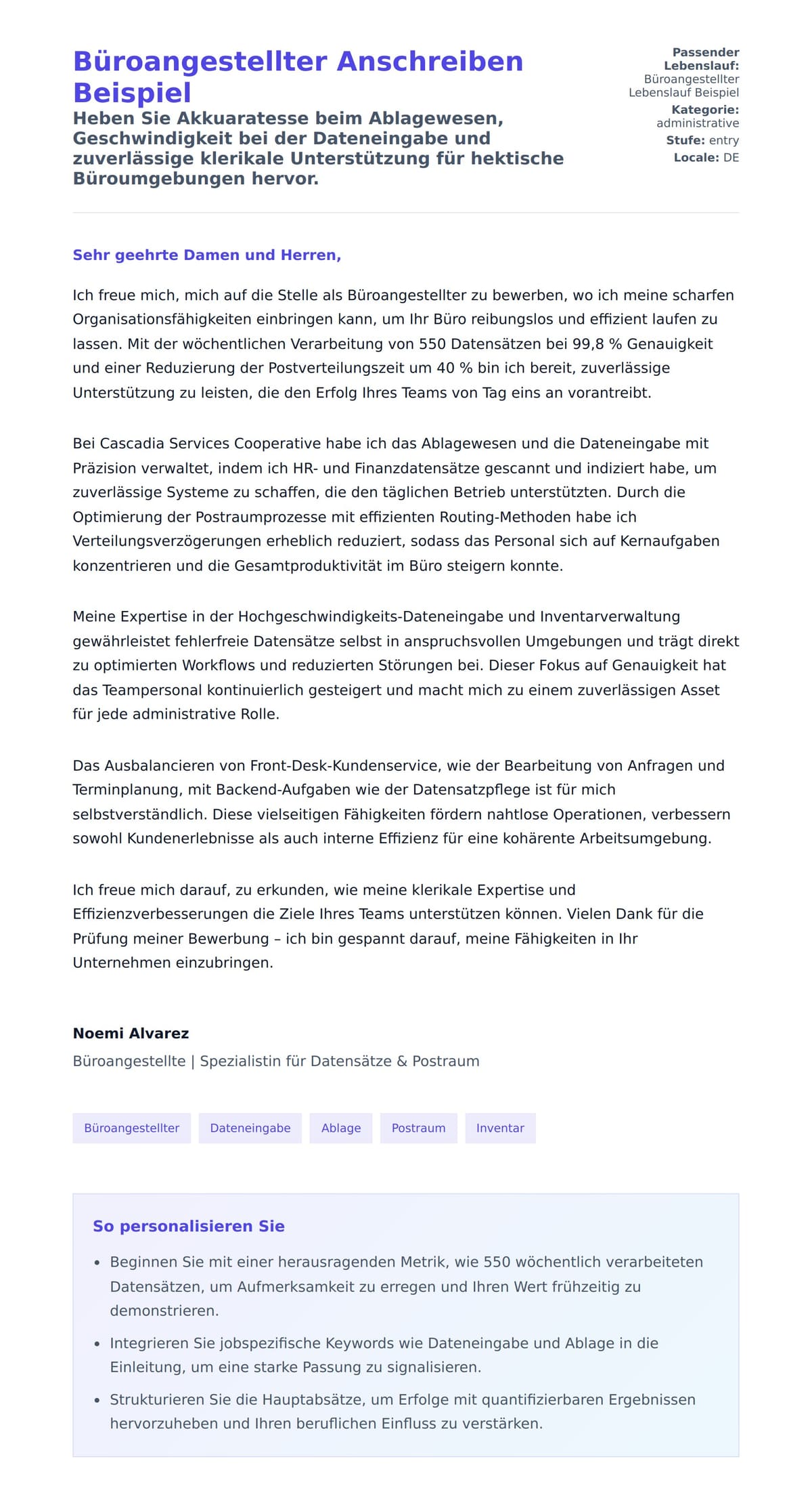 Anschreiben‑Vorschau für Büroangestellter Anschreiben Beispiel