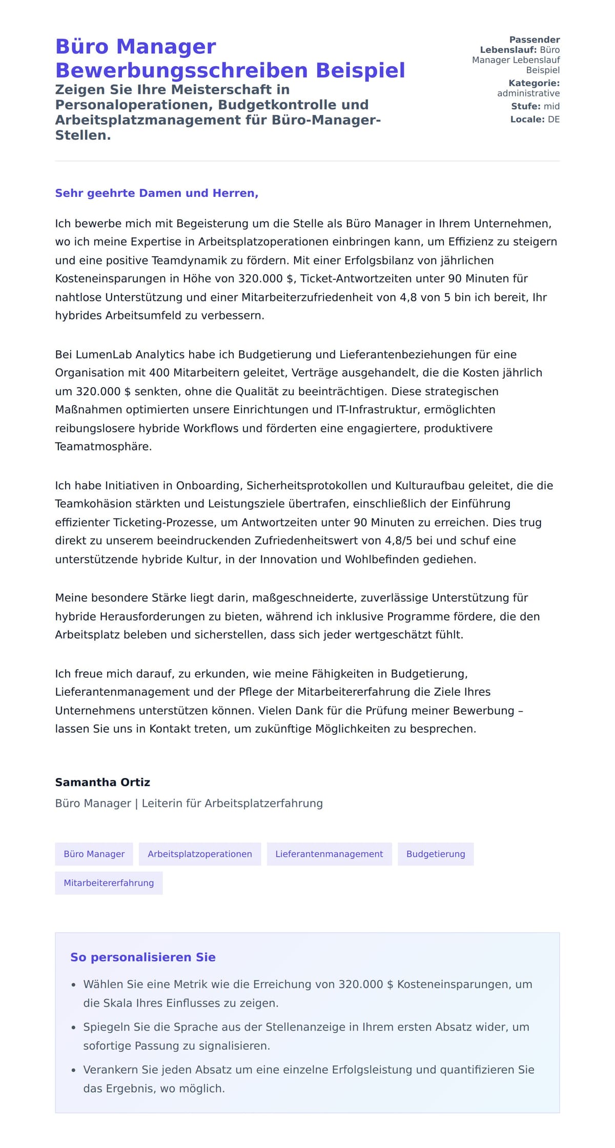 Anschreiben‑Vorschau für Büro Manager Bewerbungsschreiben Beispiel