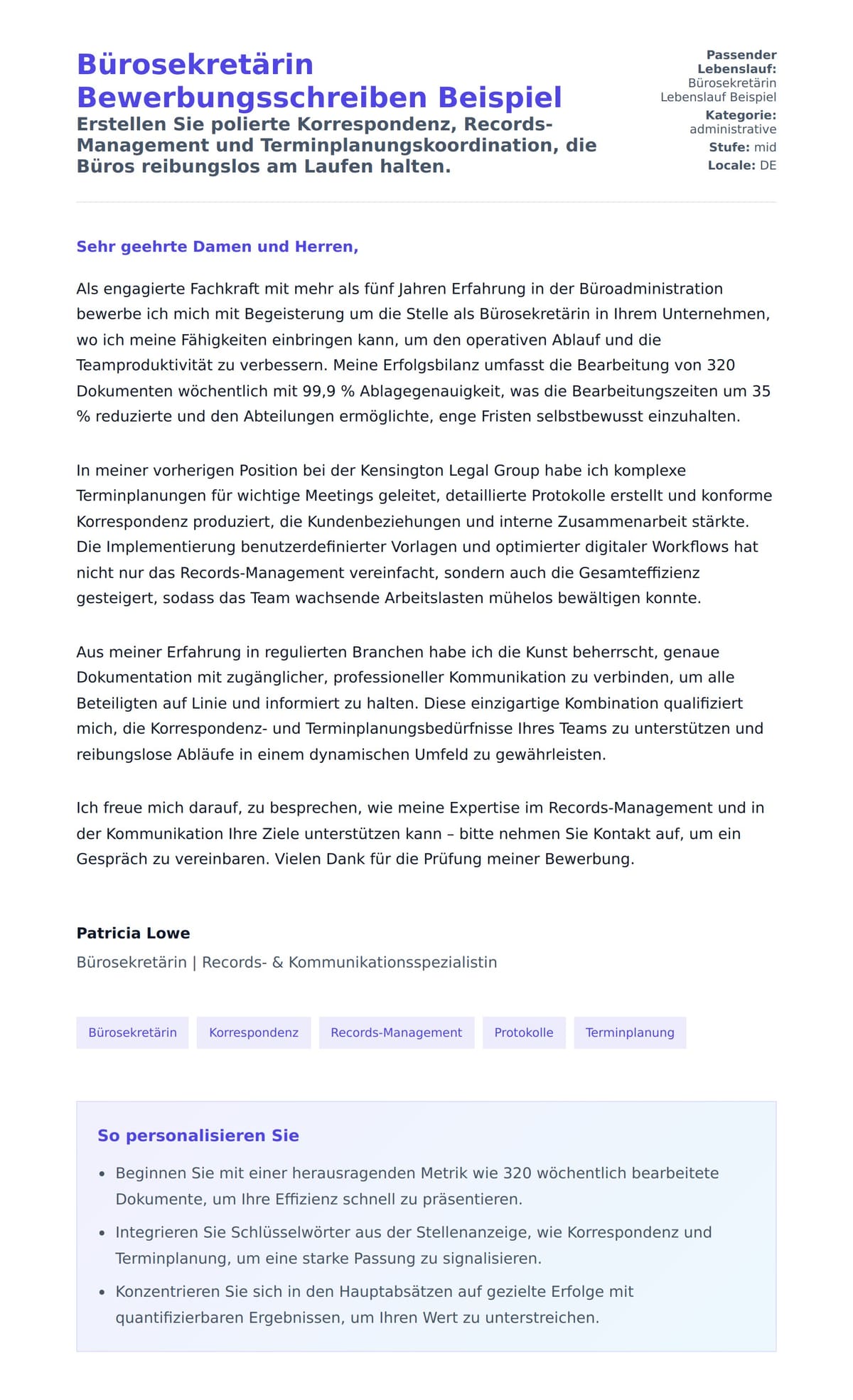 Bürosekretärin Bewerbungsschreiben Beispiel