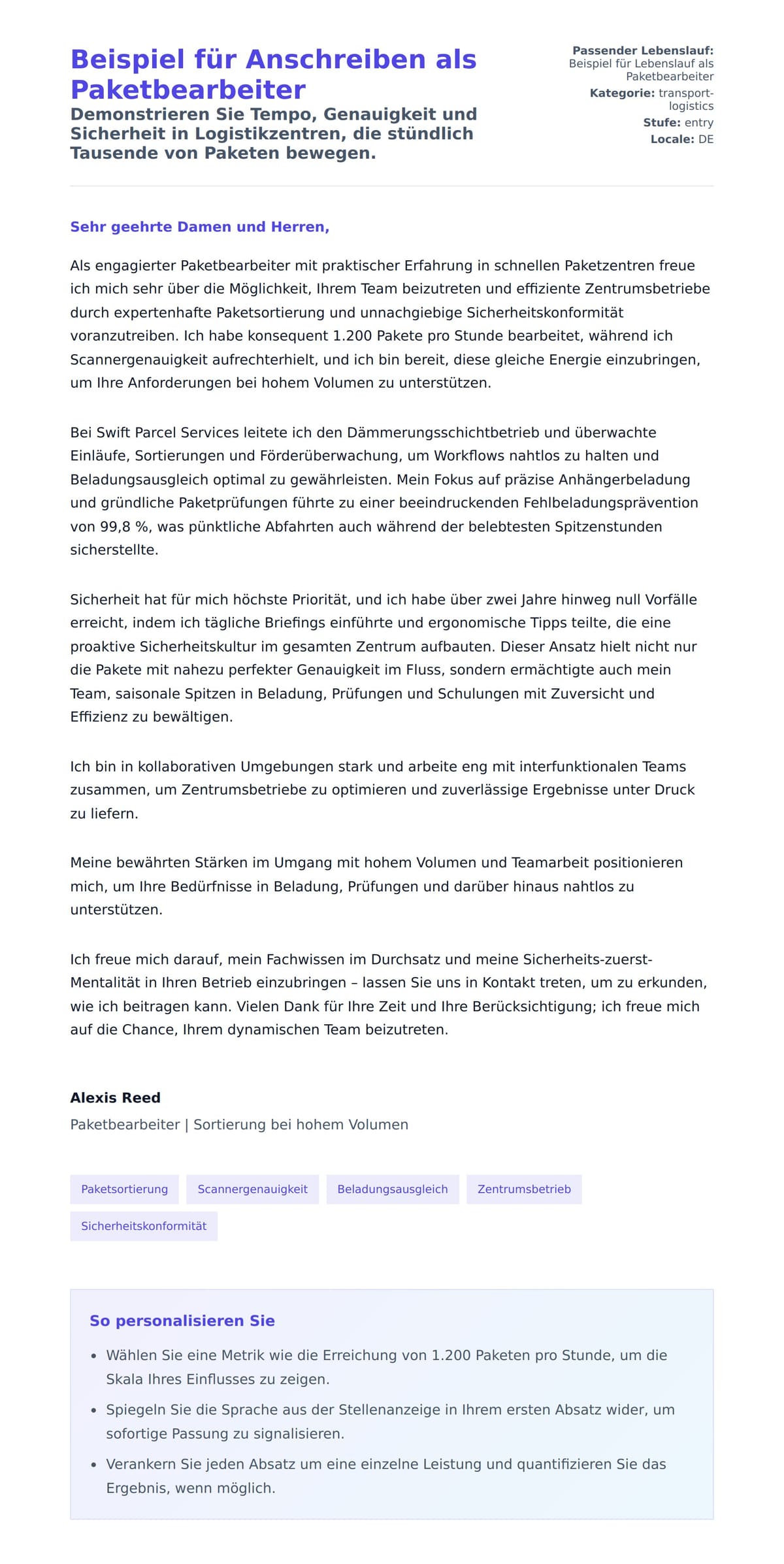 Anschreiben‑Vorschau für Beispiel für Anschreiben als Paketbearbeiter