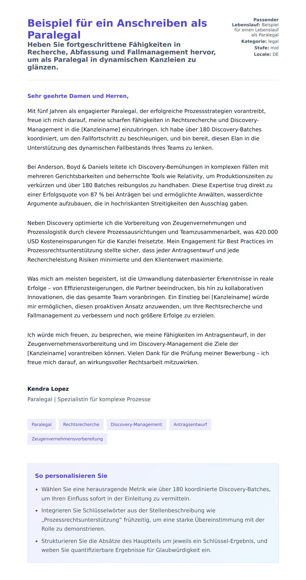 Anschreiben‑Vorschau für Beispiel für ein Anschreiben als Paralegal