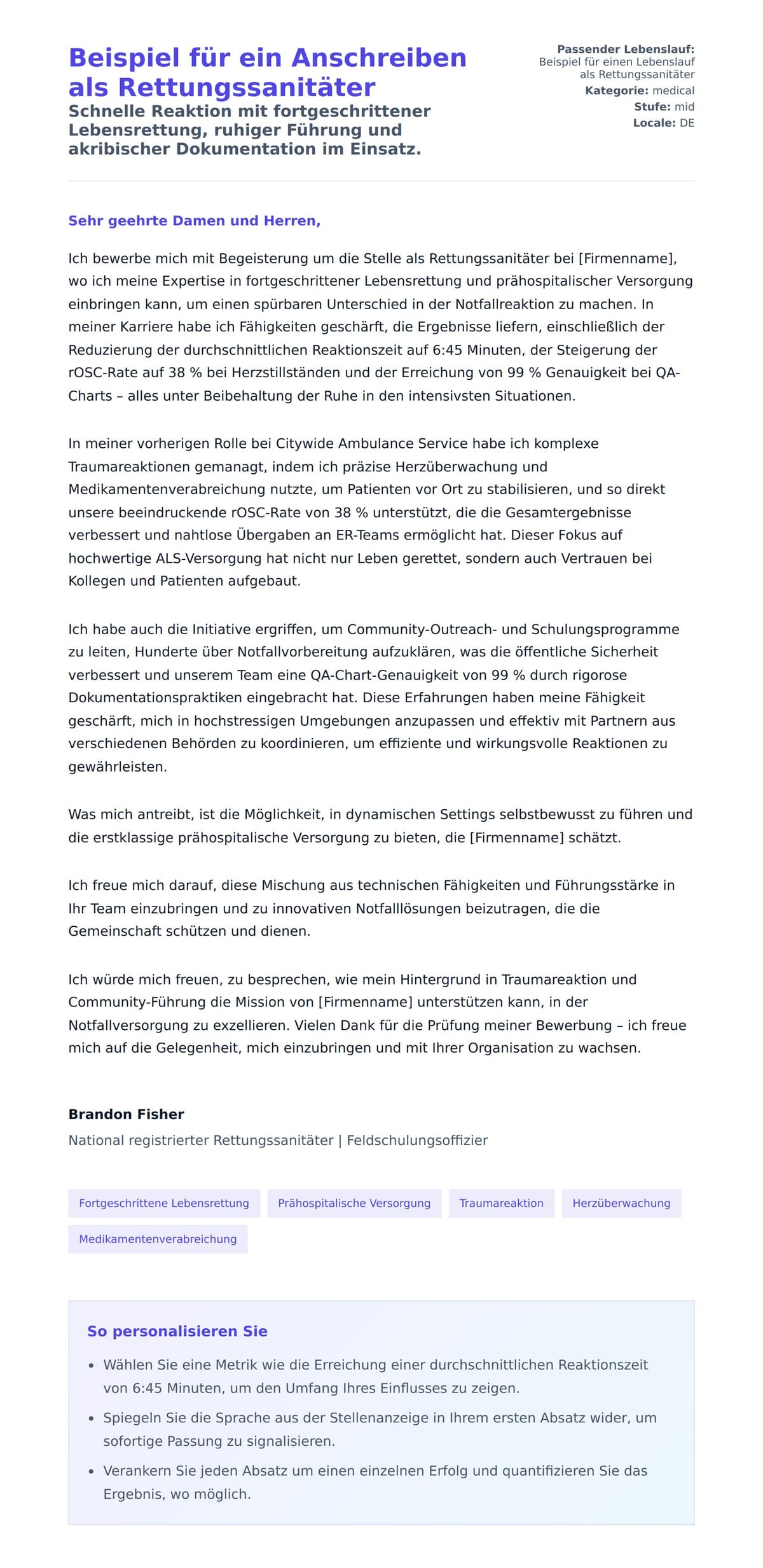Anschreiben‑Vorschau für Beispiel für ein Anschreiben als Rettungssanitäter