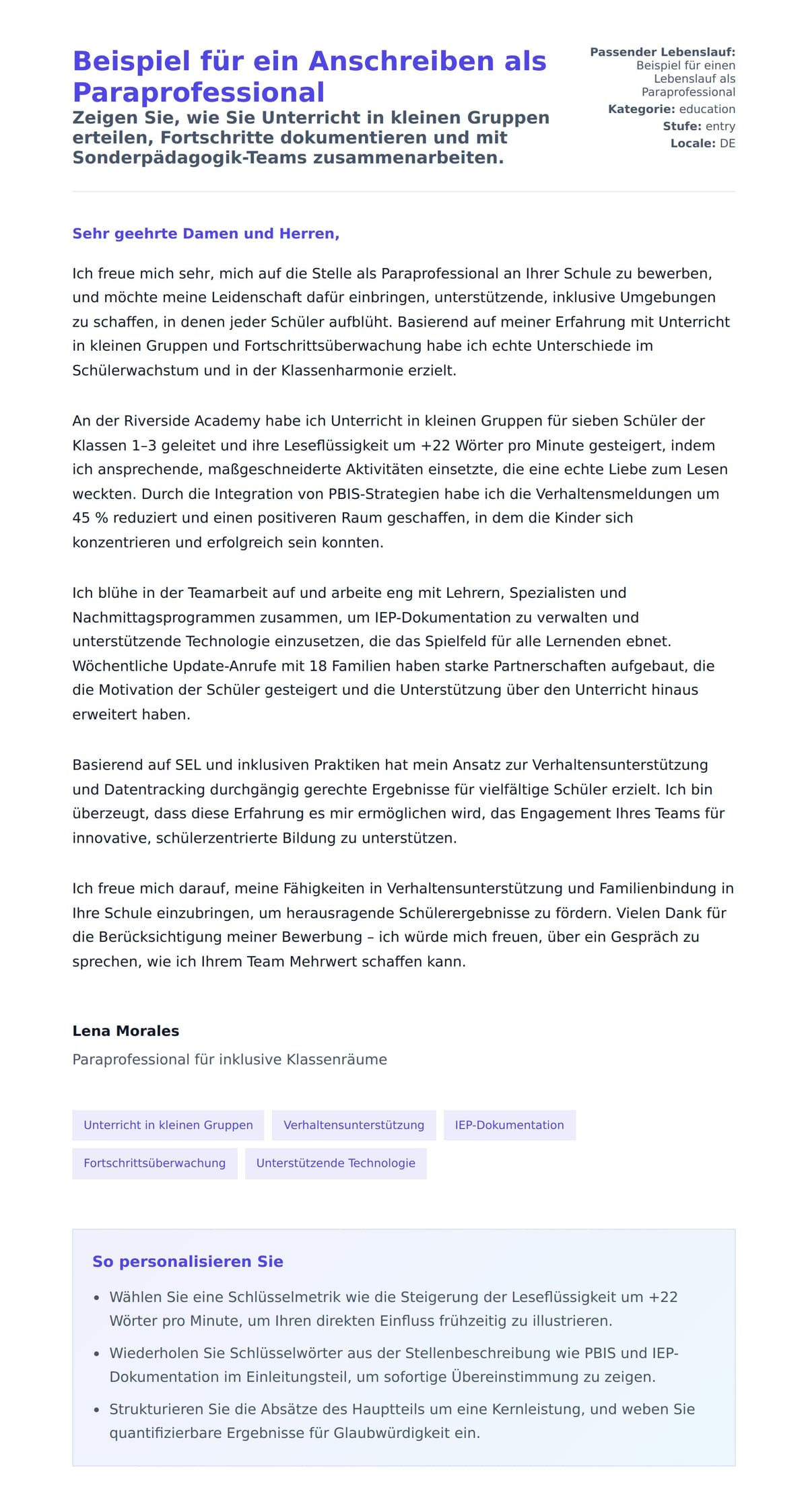 Anschreiben‑Vorschau für Beispiel für ein Anschreiben als Paraprofessional