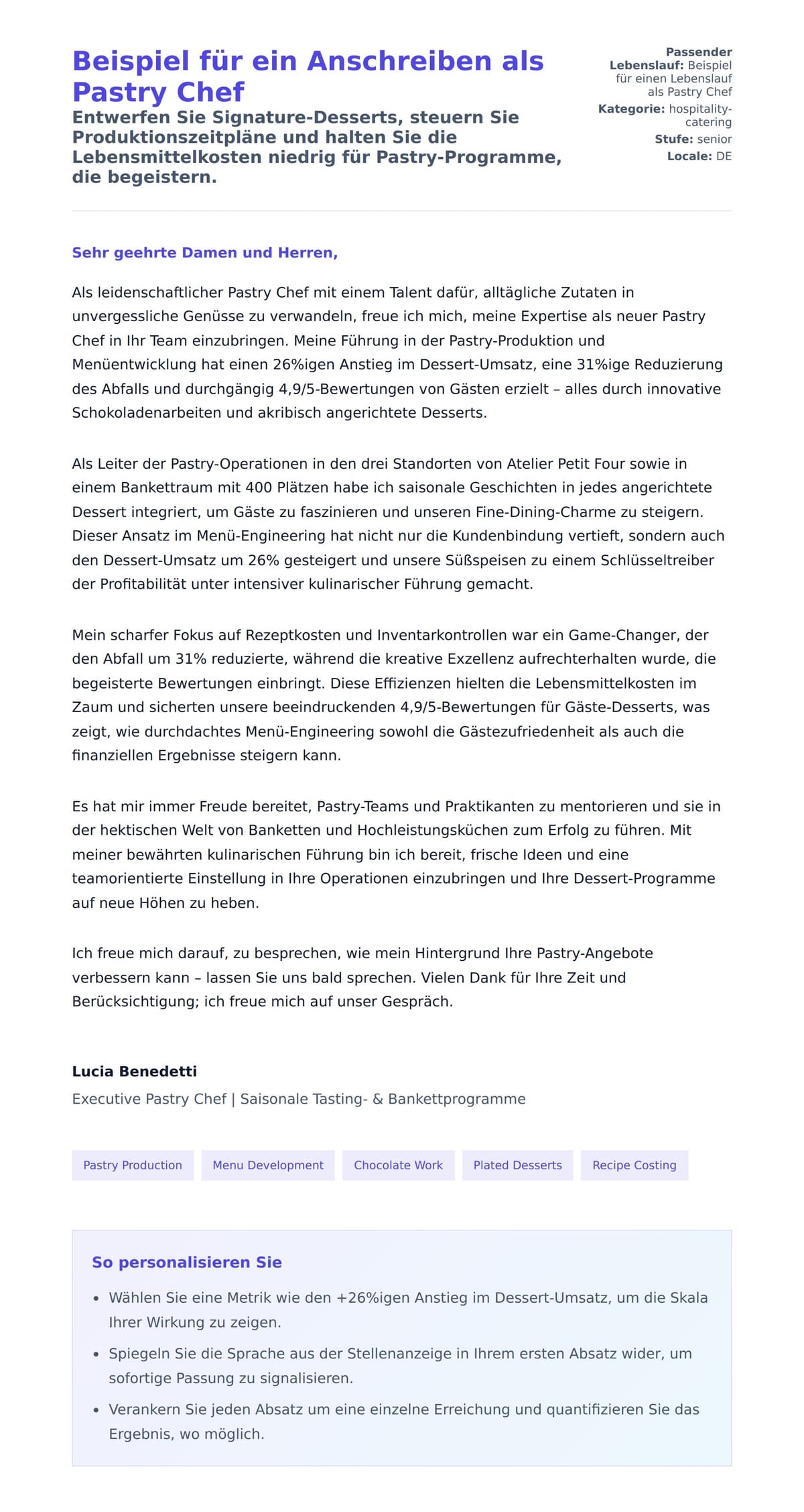 Anschreiben‑Vorschau für Beispiel für ein Anschreiben als Pastry Chef