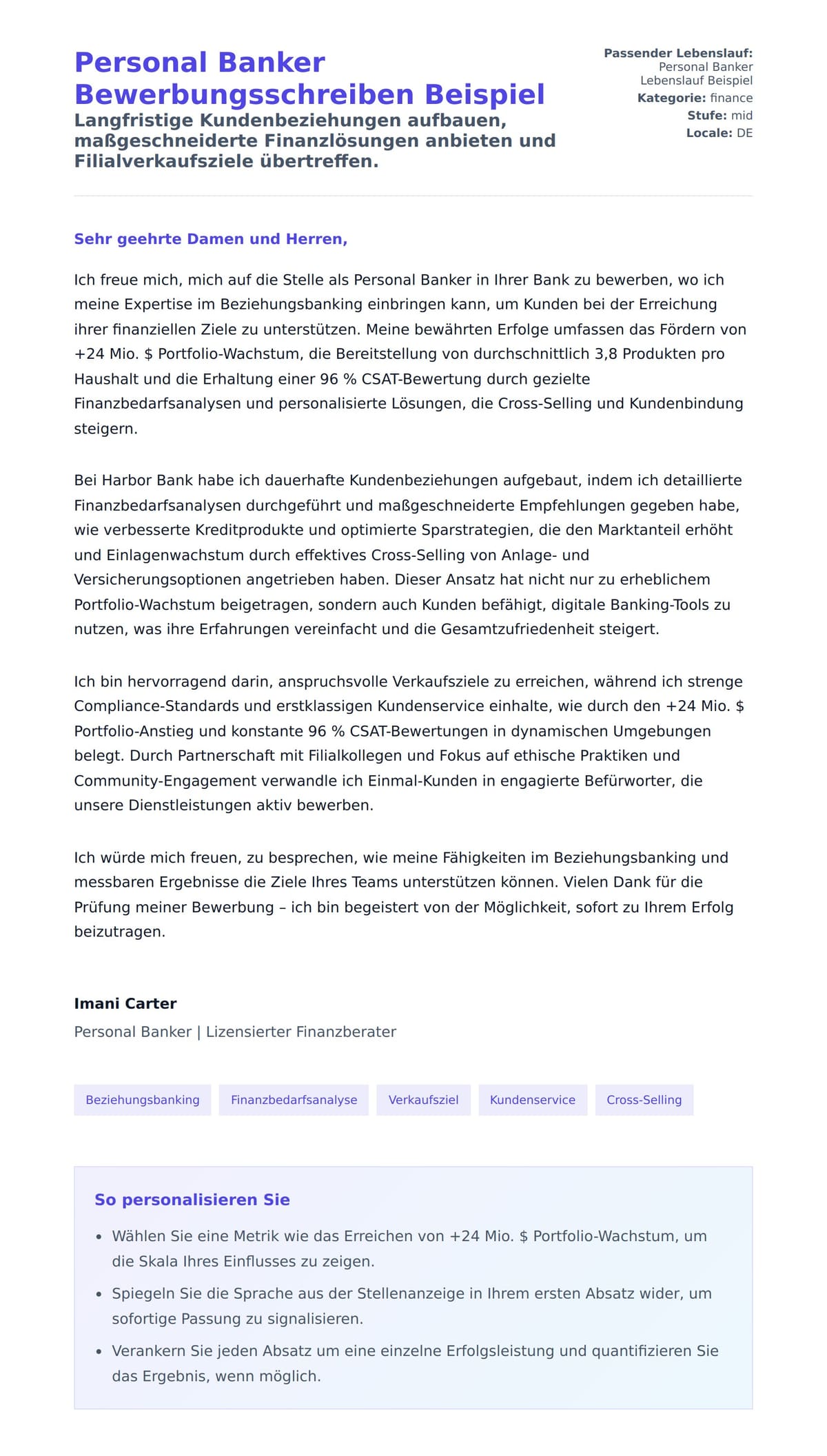 Anschreiben‑Vorschau für Personal Banker Bewerbungsschreiben Beispiel