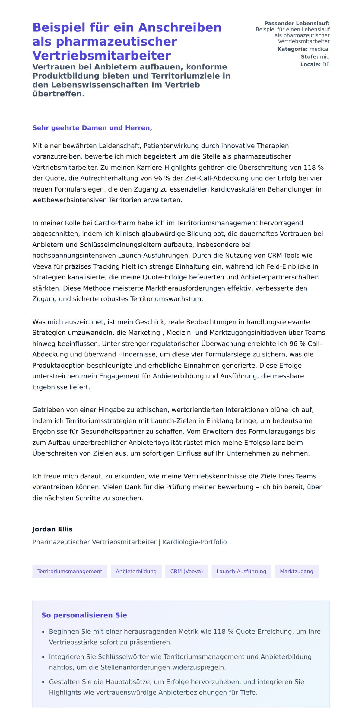 Anschreiben‑Vorschau für Beispiel für ein Anschreiben als pharmazeutischer Vertriebsmitarbeiter