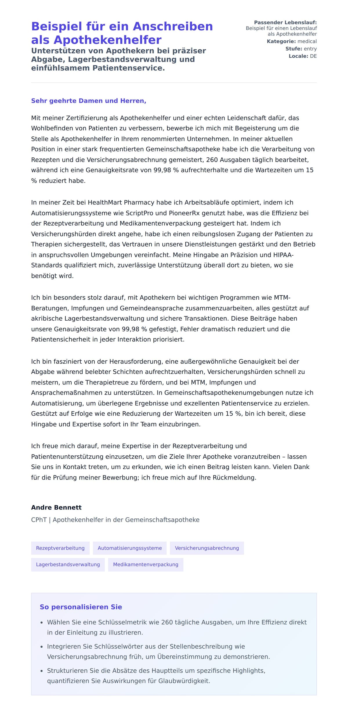 Anschreiben‑Vorschau für Beispiel für ein Anschreiben als Apothekenhelfer