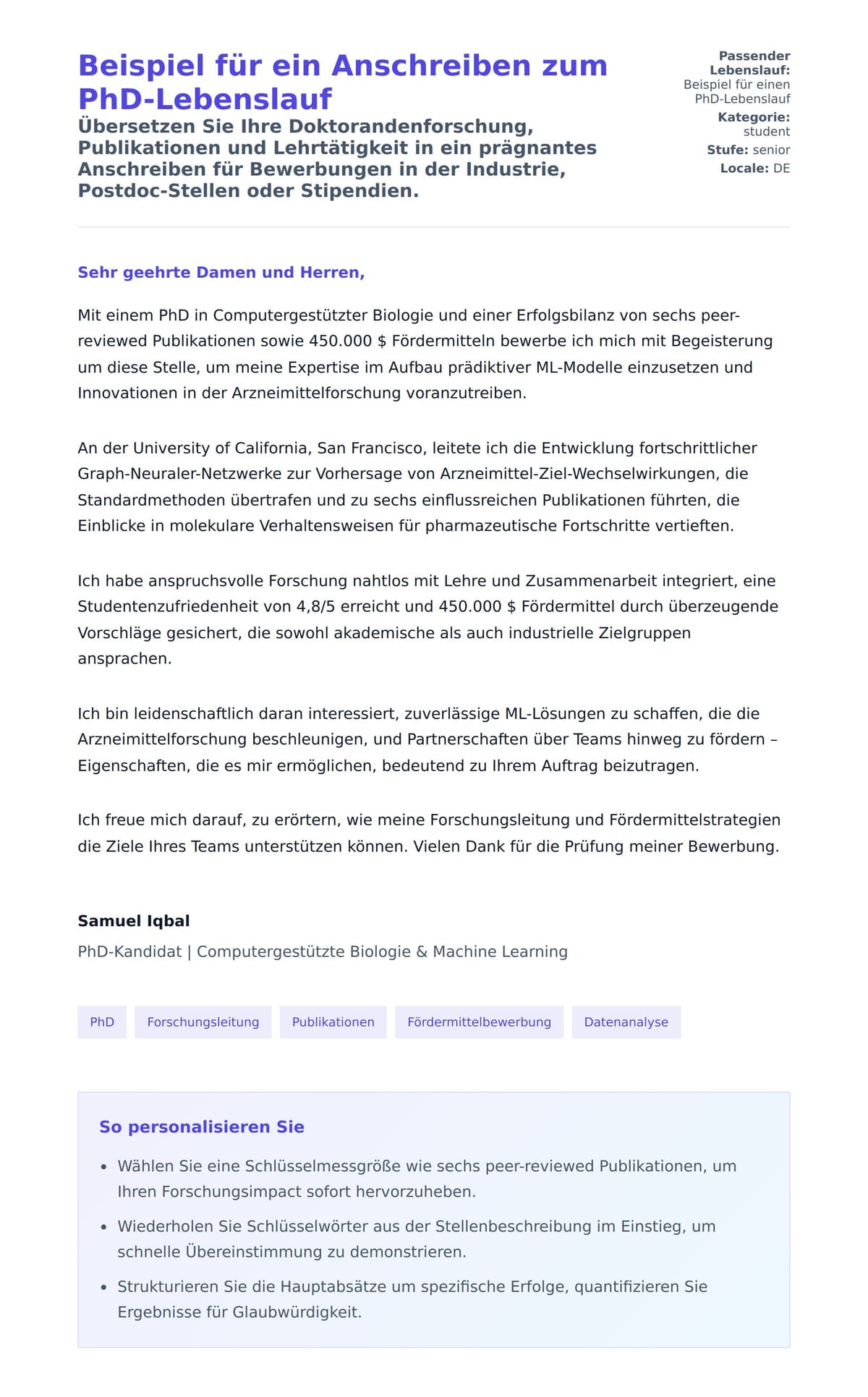 Anschreiben‑Vorschau für Beispiel für ein Anschreiben zum PhD-Lebenslauf