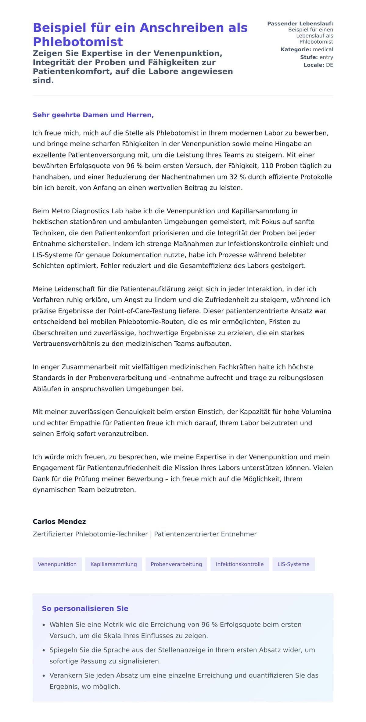 Anschreiben‑Vorschau für Beispiel für ein Anschreiben als Phlebotomist