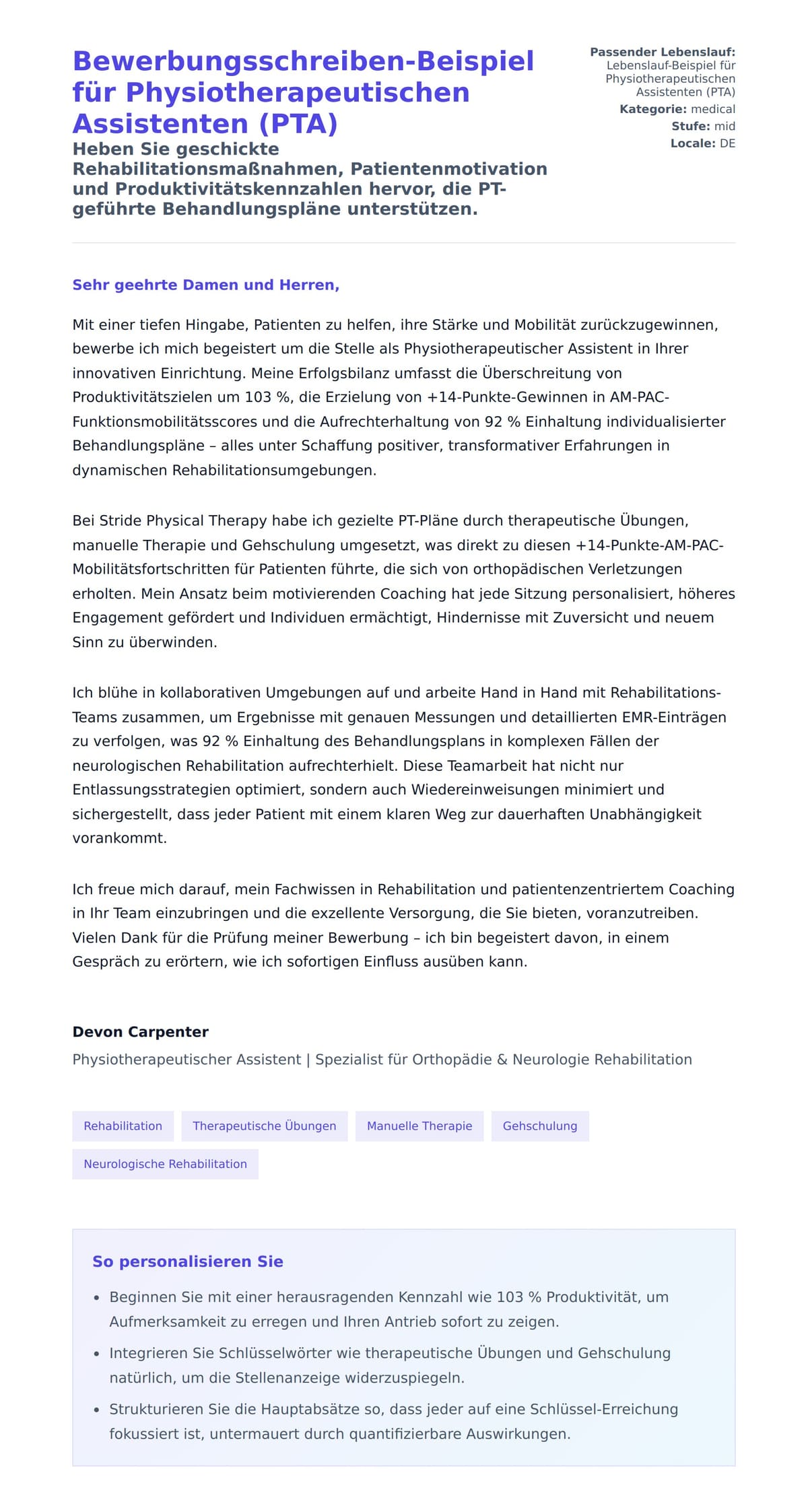 Anschreiben‑Vorschau für Bewerbungsschreiben-Beispiel für Physiotherapeutischen Assistenten (PTA)