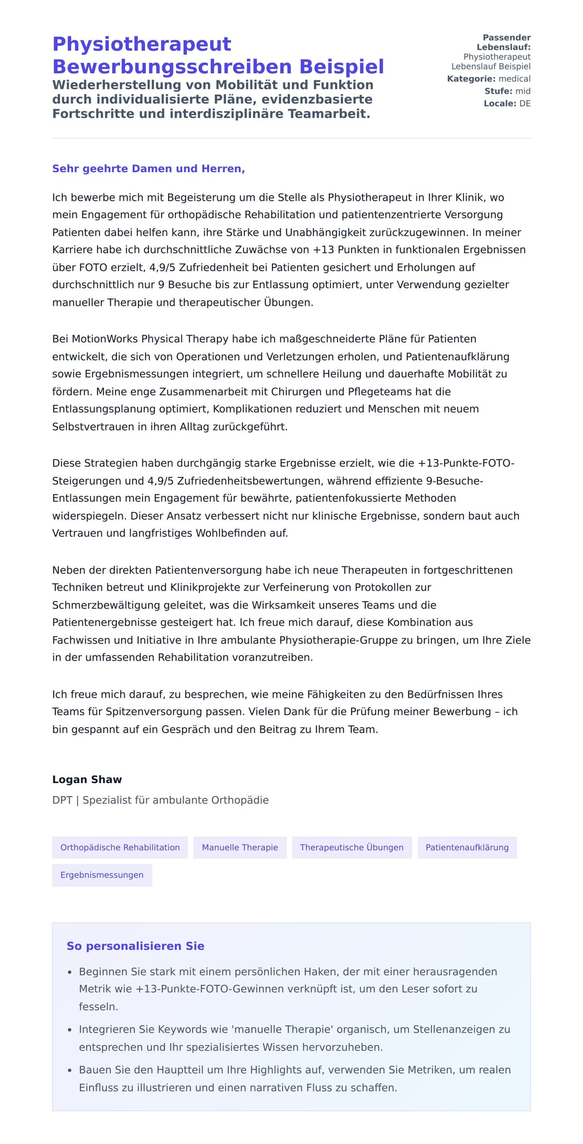 Anschreiben‑Vorschau für Physiotherapeut Bewerbungsschreiben Beispiel