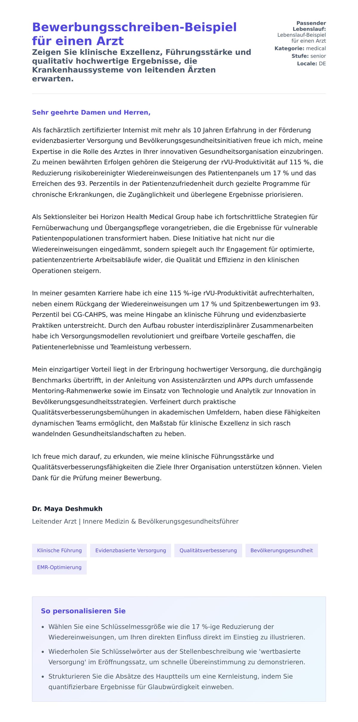 Anschreiben‑Vorschau für Bewerbungsschreiben-Beispiel für einen Arzt