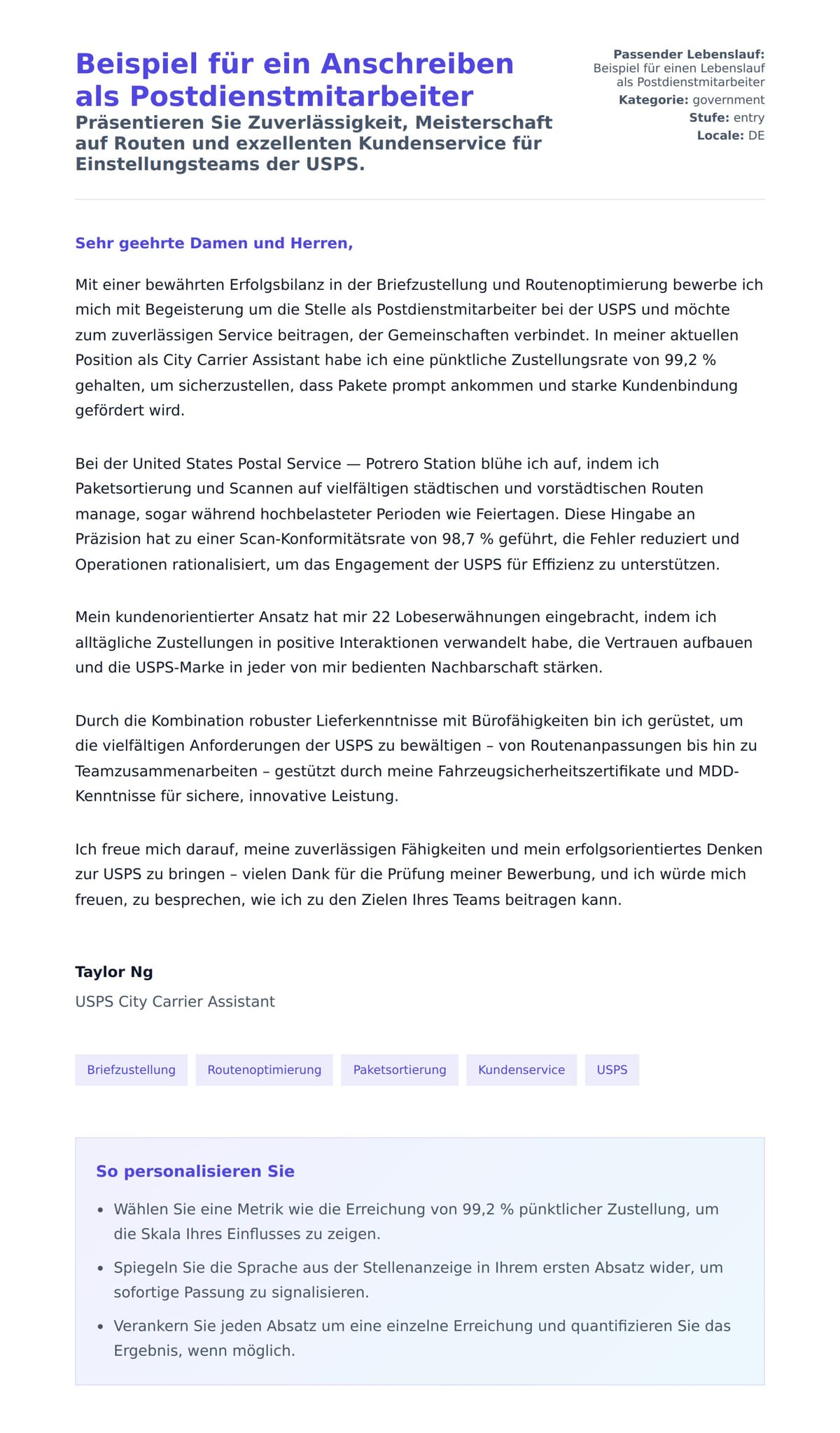 Anschreiben‑Vorschau für Beispiel für ein Anschreiben als Postdienstmitarbeiter