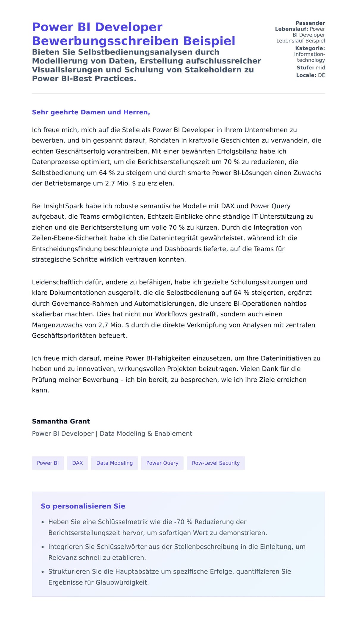 Anschreiben‑Vorschau für Power BI Developer Bewerbungsschreiben Beispiel
