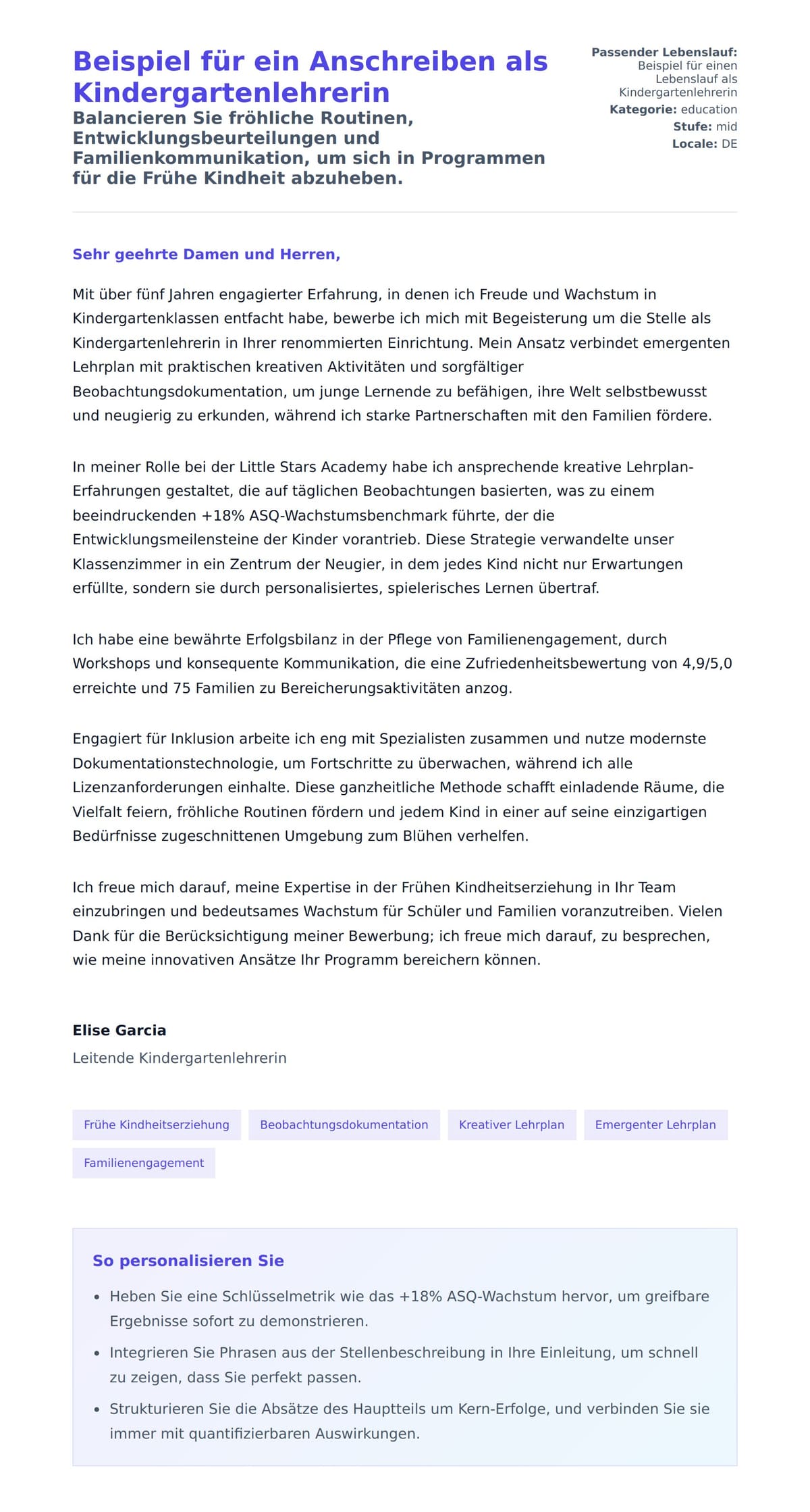 Anschreiben‑Vorschau für Beispiel für ein Anschreiben als Kindergartenlehrerin